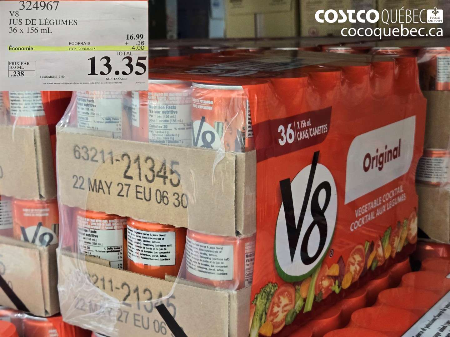 324967 JUS DE LÉGUMES 36 x 156 mL ($4.00 INSTANT SAVINGS EXPIRES ON 2026-02-15) $13.35