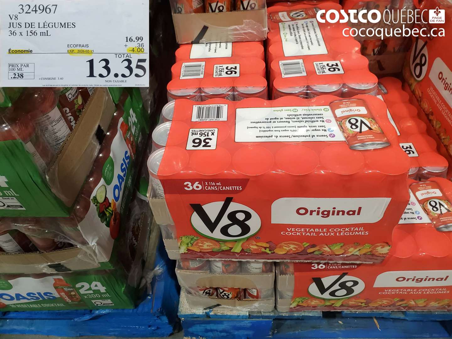 324967 JUS DE LÉGUMES 36 x 156 ml ($4.00 INSTANT SAVINGS EXPIRES ON 2026-02-15) $13.35