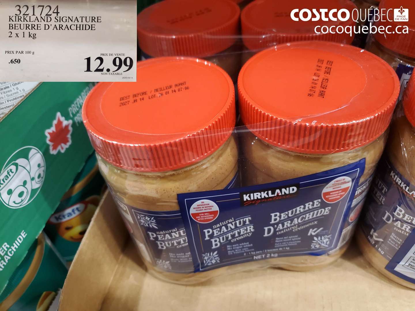 321724 KIRKLAND SIGNATURE BEURRE D'ARACHIDE 2 x 1 kg $12.99