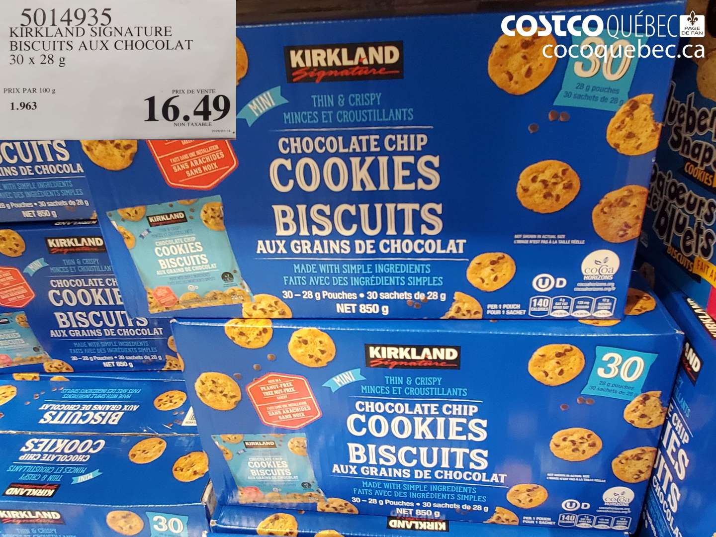 5014935 KIRKLAND SIGNATURE BISCUITS AUX CHOCOLAT 30 x 28 g $16.49