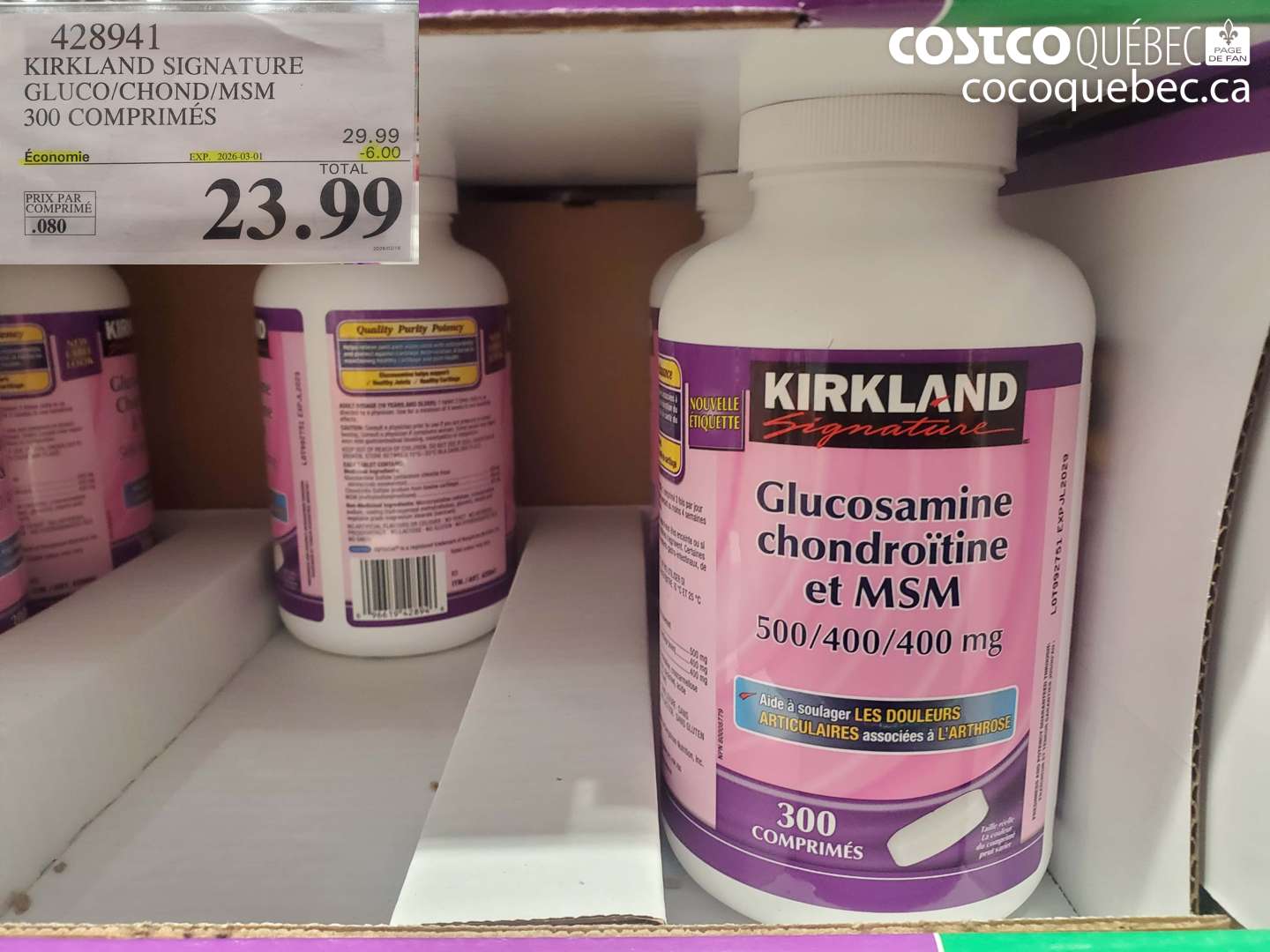 428941 KIRKLAND SIGNATURE GLUCO/CHOND/MSM 300 COMPRIMÉS ($6.00 INSTANT SAVINGS EXPIRES ON 2026-03-01) $23.99