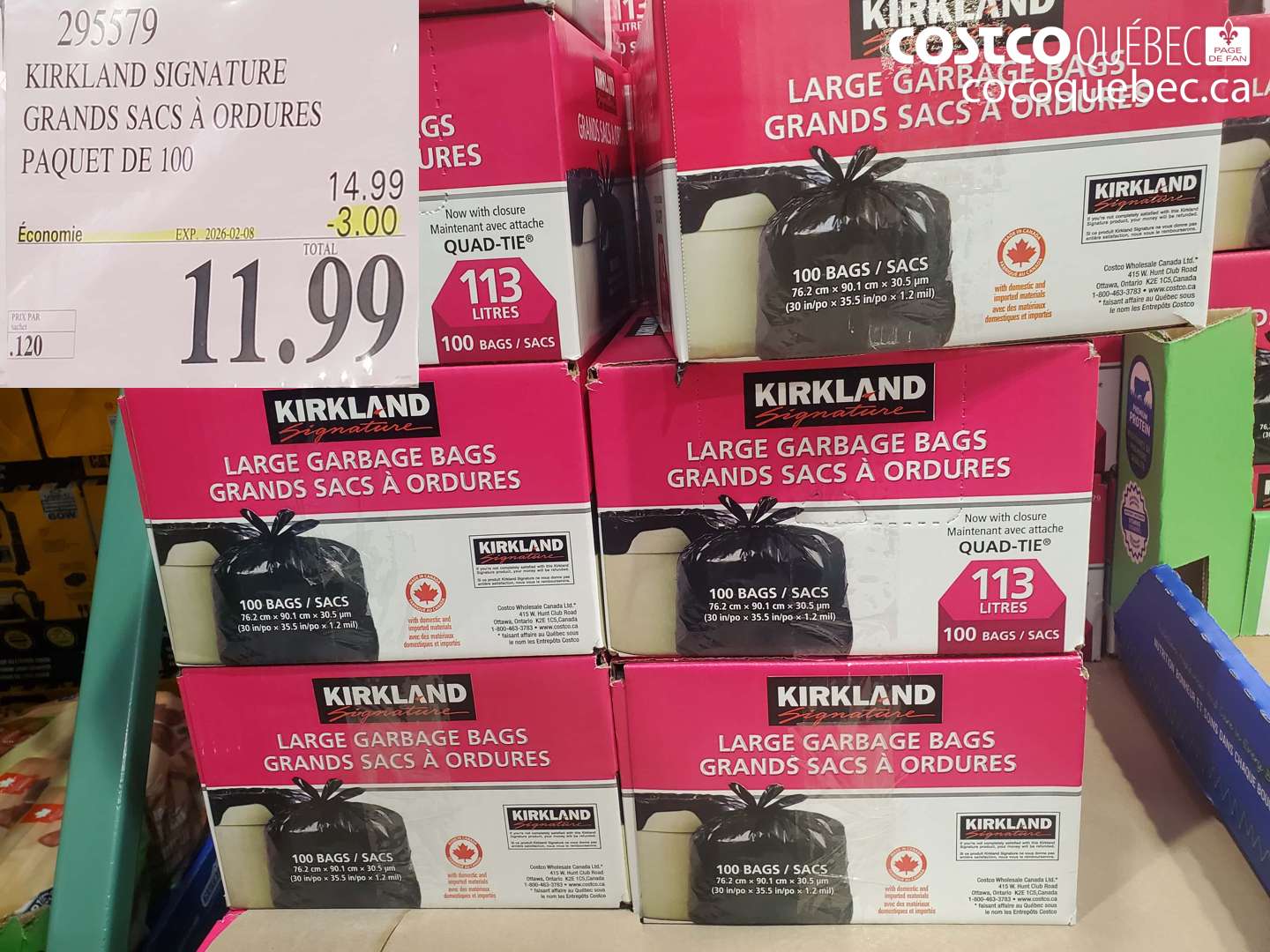 295579 KIRKLAND SIGNATURE GRANDS SACS À ORDURES PAQUET DE 100 ($3.00 INSTANT SAVINGS EXPIRES ON 2026-02-08) $11.99