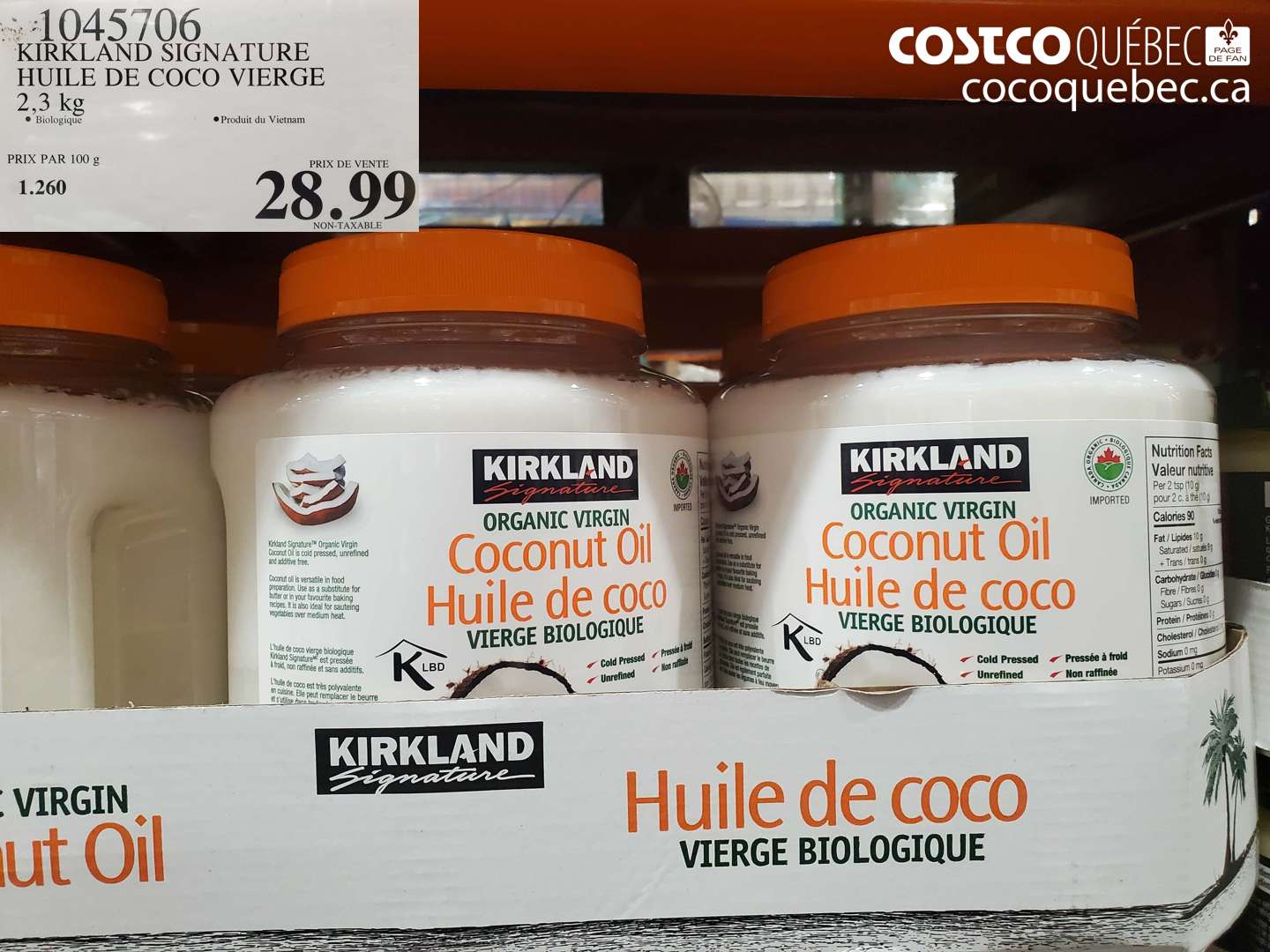 1045706 KIRKLAND SIGNATURE HUILE DE COCO VIERGE 2,3 kg Biologique Produit du Vietnam $28.99