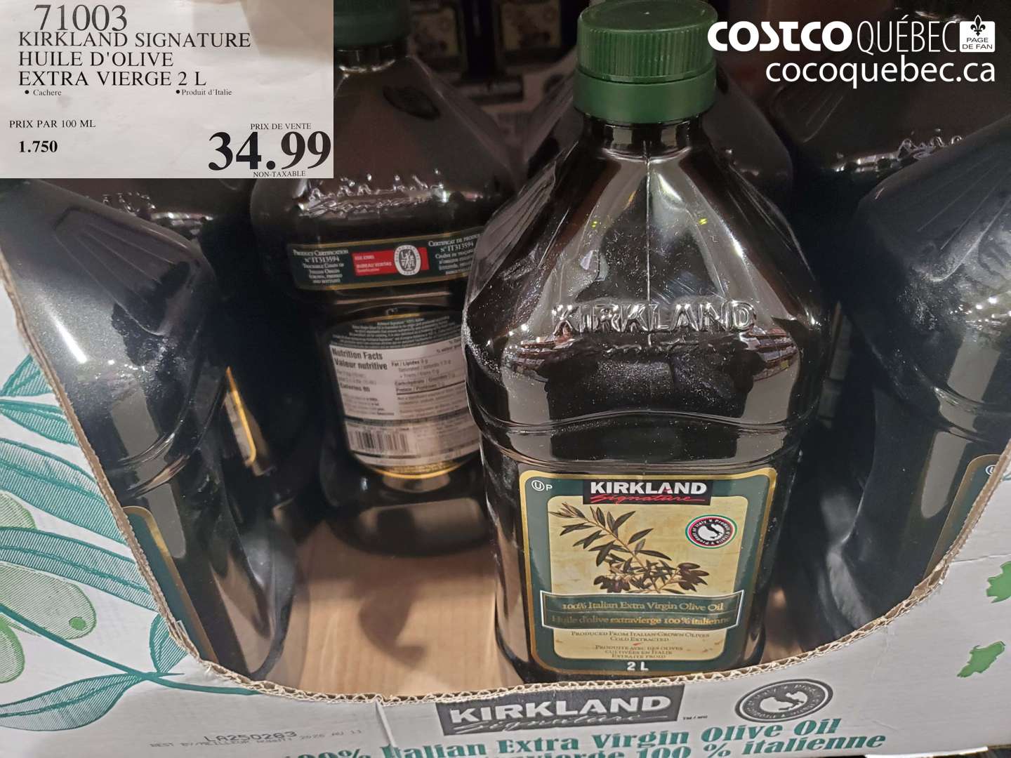 71003 KIRKLAND SIGNATURE HUILE D'OLIVE EXTRA VIERGE 2 L $34.99