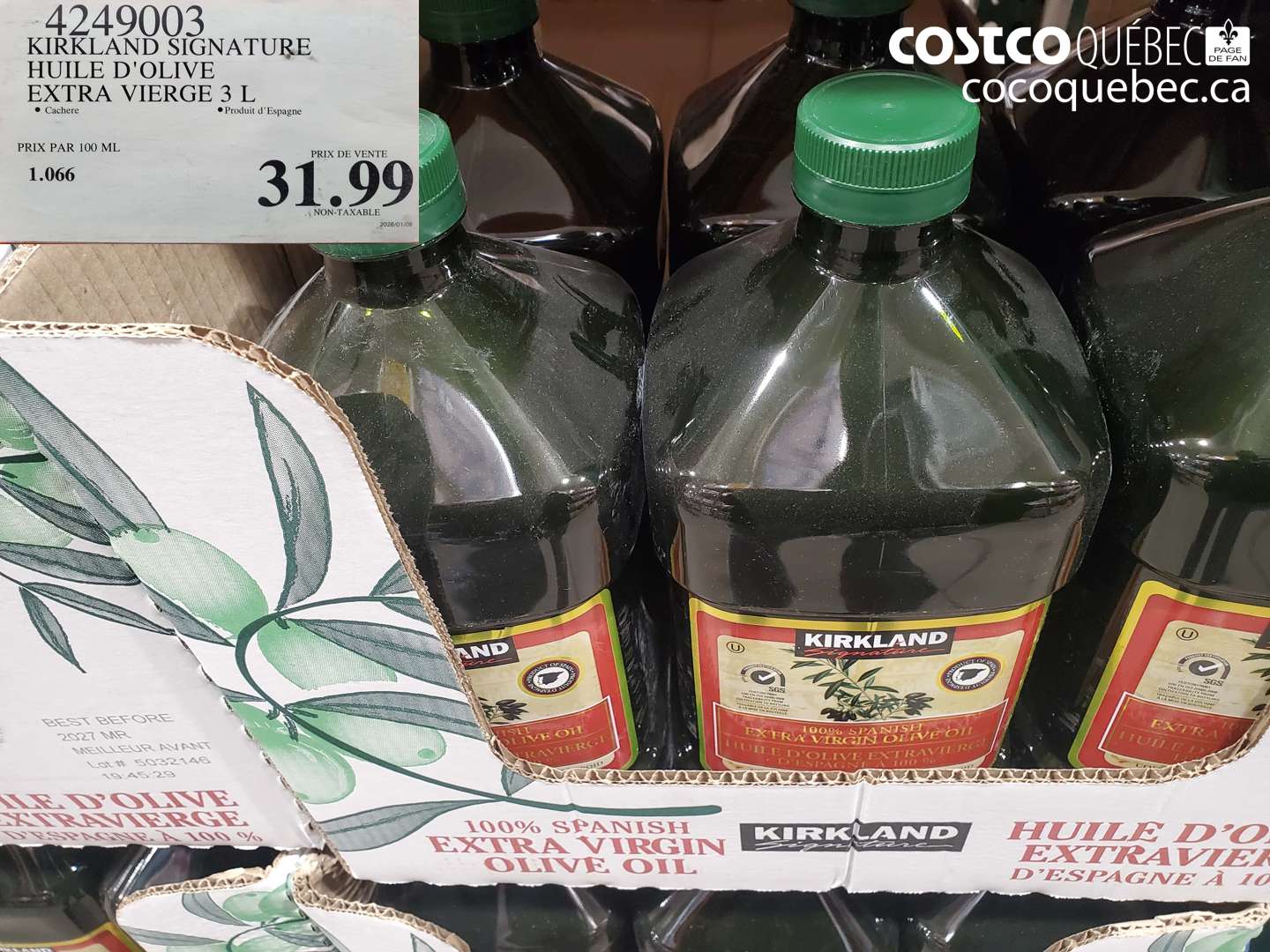 4249003 KIRKLAND SIGNATURE HUILE D'OLIVE EXTRA VIERGE 3 L $31.99