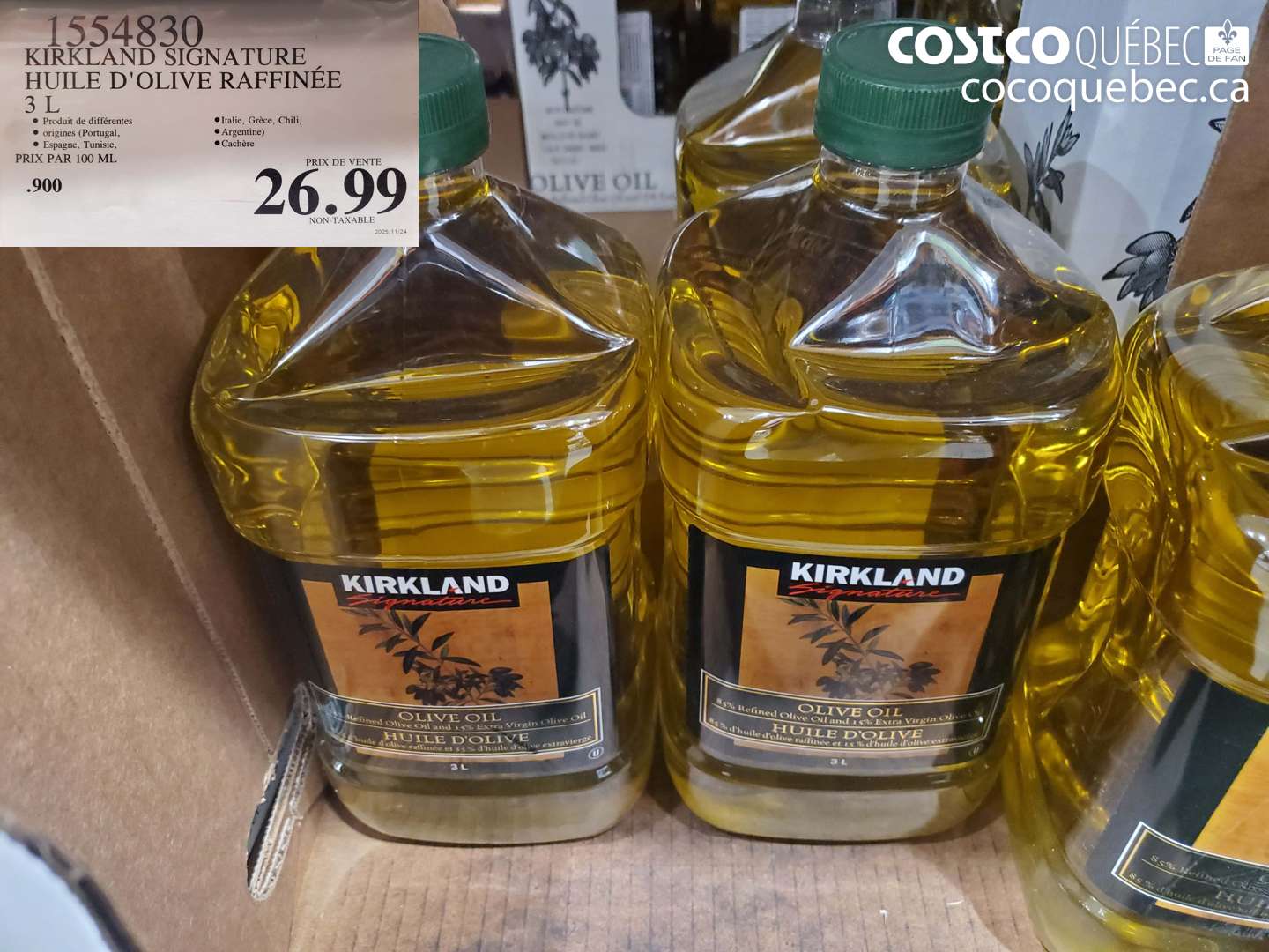 1554830 KIRKLAND SIGNATURE HUILE D'OLIVE RAFFINÉE 3 L $26.99