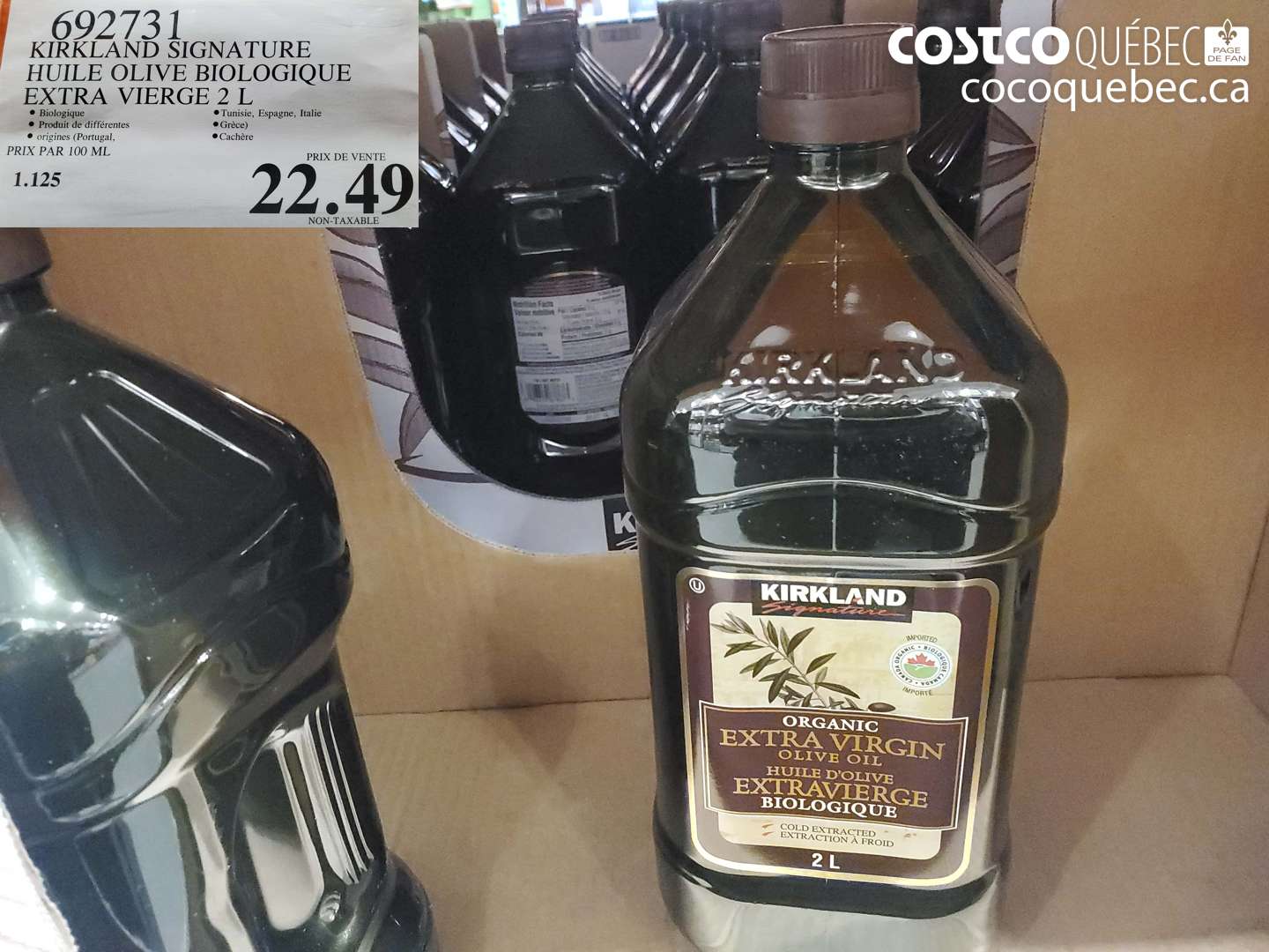 692731 KIRKLAND SIGNATURE HUILE OLIVE BIOLOGIQUE EXTRA VIERGE 2 L $22.49