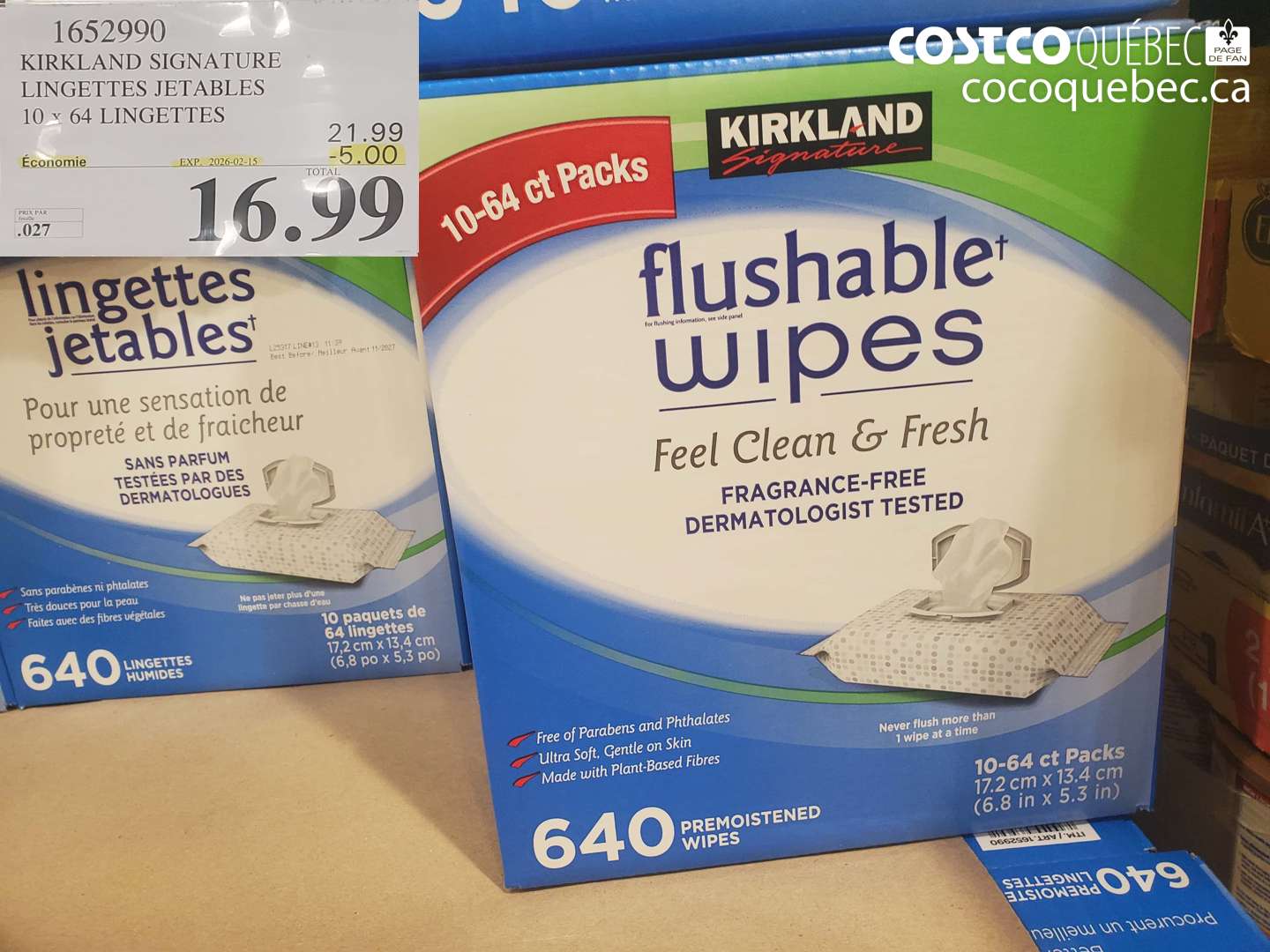 1652990 KIRKLAND SIGNATURE LINGETTES JETABLES 10 x 64 LINGETTES ($5.00 INSTANT SAVINGS EXPIRES ON 2026-02-15) $16.99