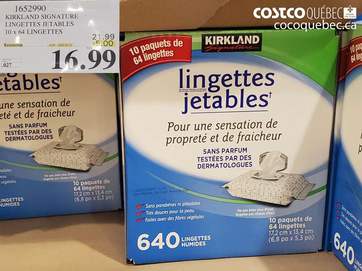 1652990 KIRKLAND SIGNATURE LINGETTES JETABLES 10 x 64 LINGETTES ($5.00 INSTANT SAVINGS EXPIRES ON 2026-02-15) $16.99