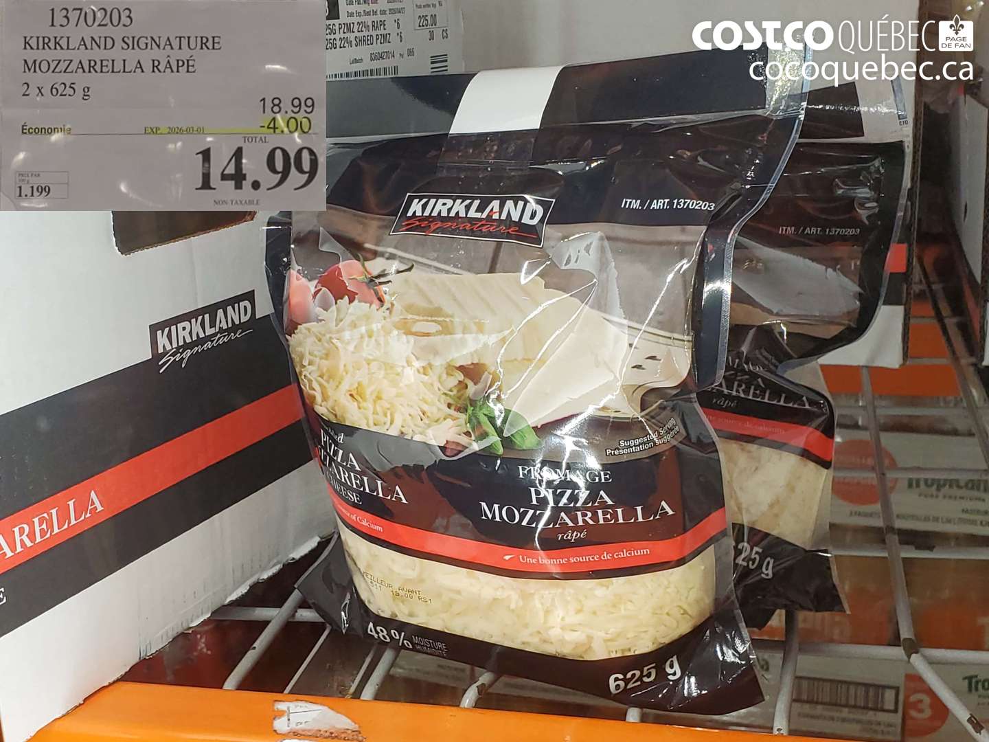 1370203 KIRKLAND SIGNATURE MOZZARELLA RÂPÉ 2 x 625 g ($4.00 INSTANT SAVINGS EXPIRES ON 2026-03-01) $14.99