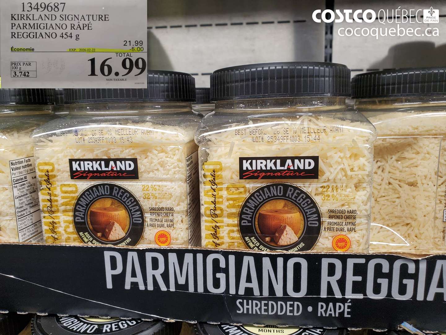 1349687 KIRKLAND SIGNATURE PARMIGIANO RÂPÉ REGGIANO 454 g ($5.00 INSTANT SAVINGS EXPIRES ON 2026-02-22) $16.99