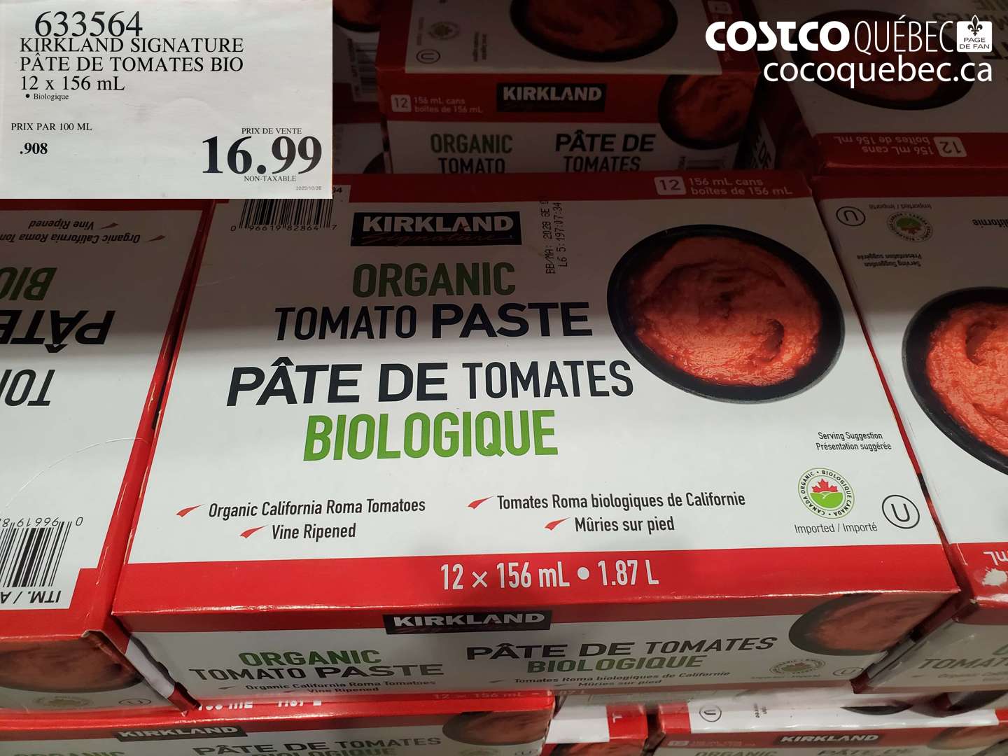 633564 KIRKLAND SIGNATURE PÂTE DE TOMATES BIO 12 x 156 mL $16.99