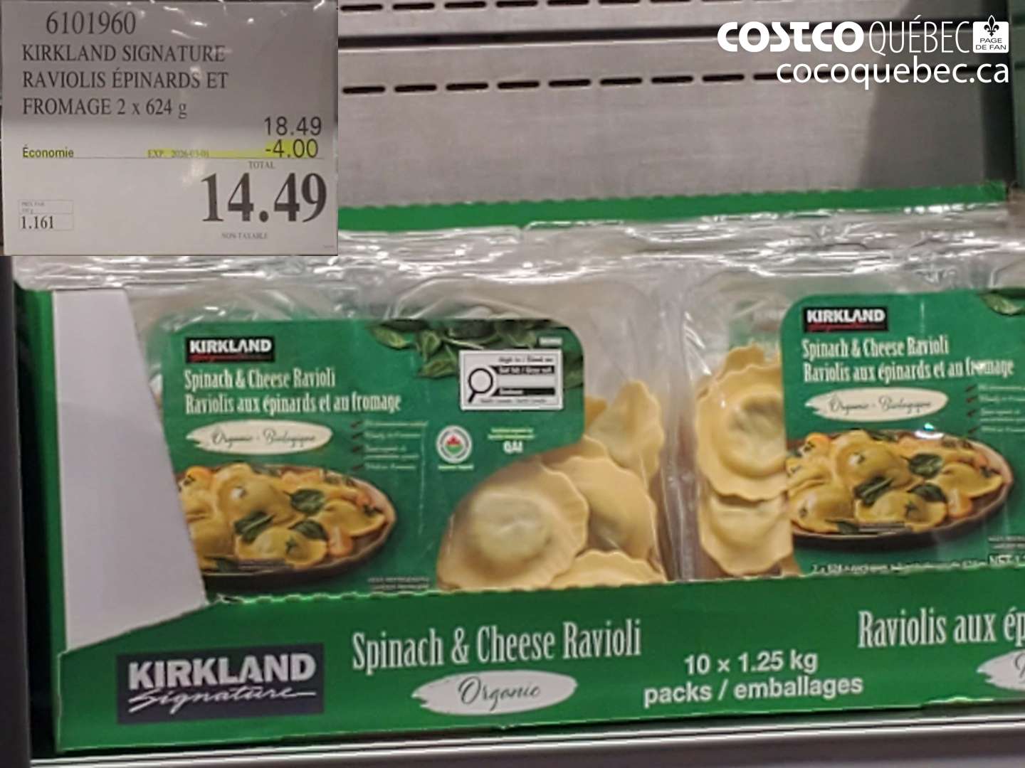 6101960 KIRKLAND SIGNATURE RAVIOLIS ÉPINARDS ET FROMAGE 2 x 624 g ($4.00 INSTANT SAVINGS EXPIRES ON 2026-03-01) $14.49
