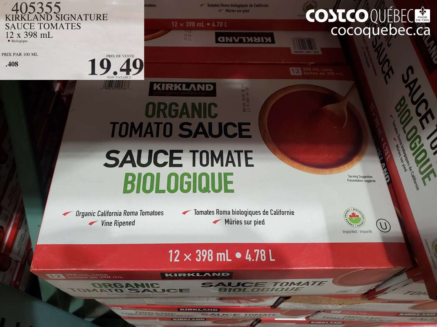 405355 KIRKLAND SIGNATURE SAUCE TOMATES 12 x 398 mL $19.49