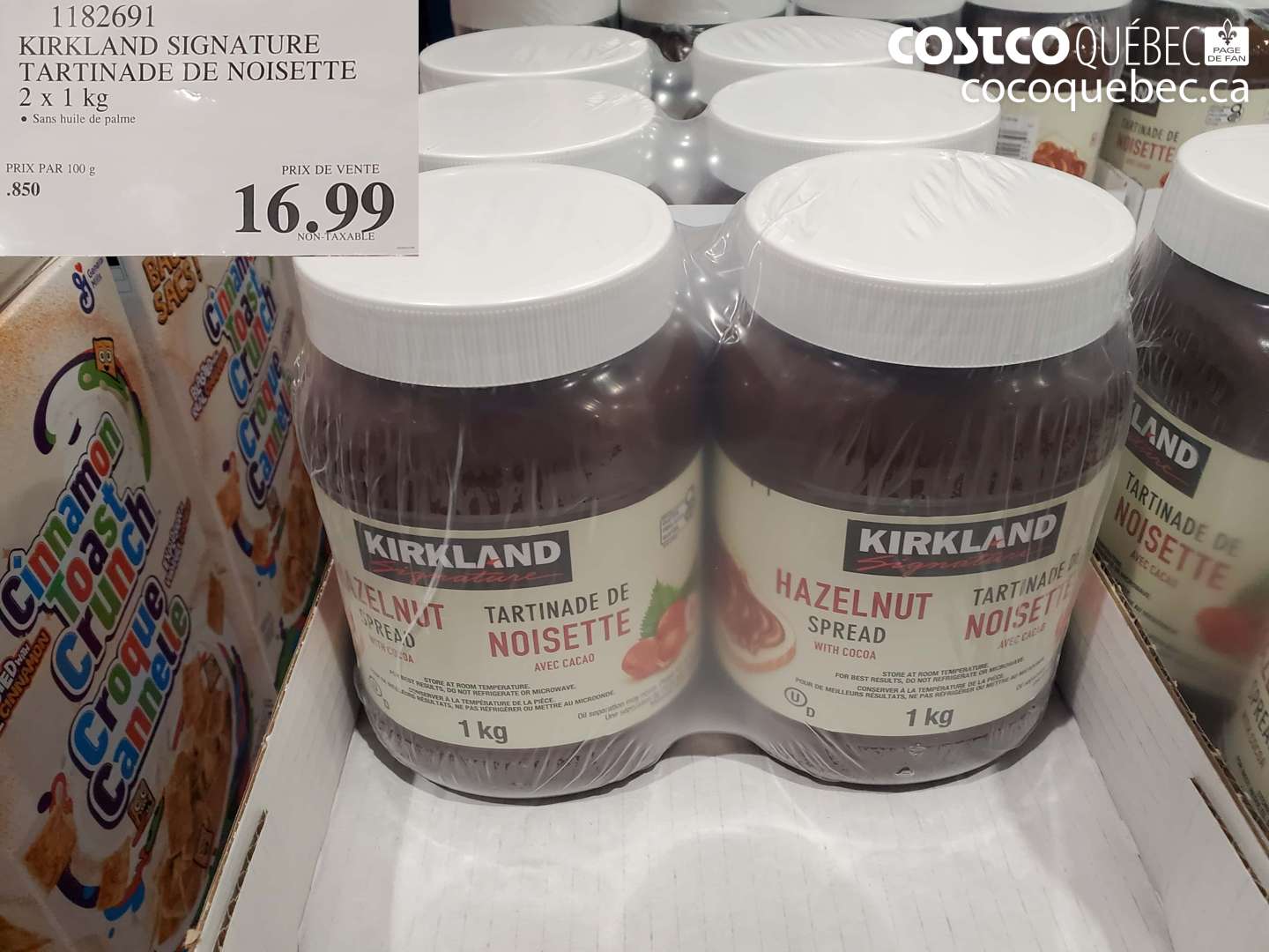 1182691 KIRKLAND SIGNATURE TARTINADE DE NOISETTE 2 x 1 kg Sans huile de palme $16.99