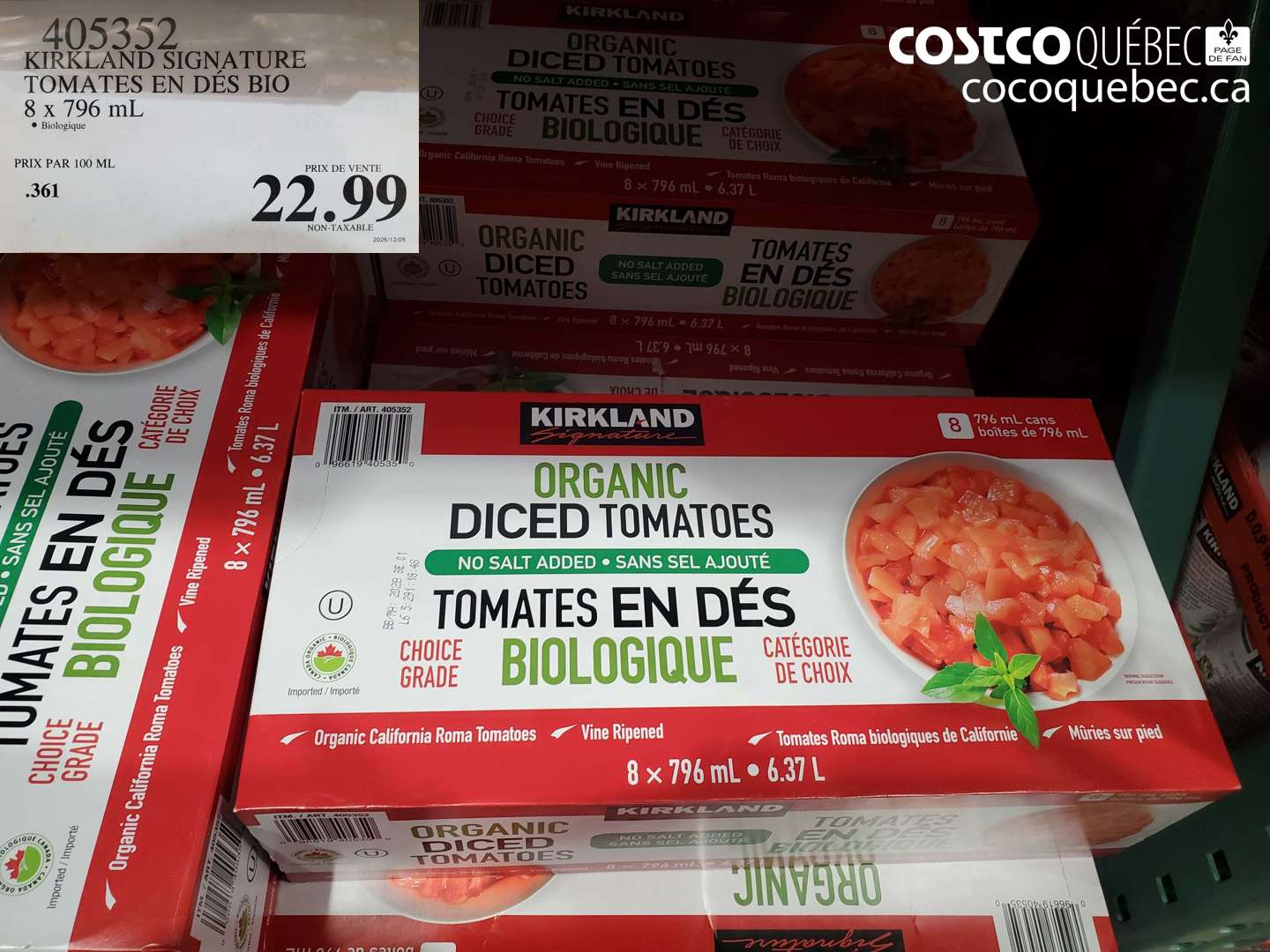 405352 KIRKLAND SIGNATURE TOMATES EN DES BIO 8 x 796 ml $22.99