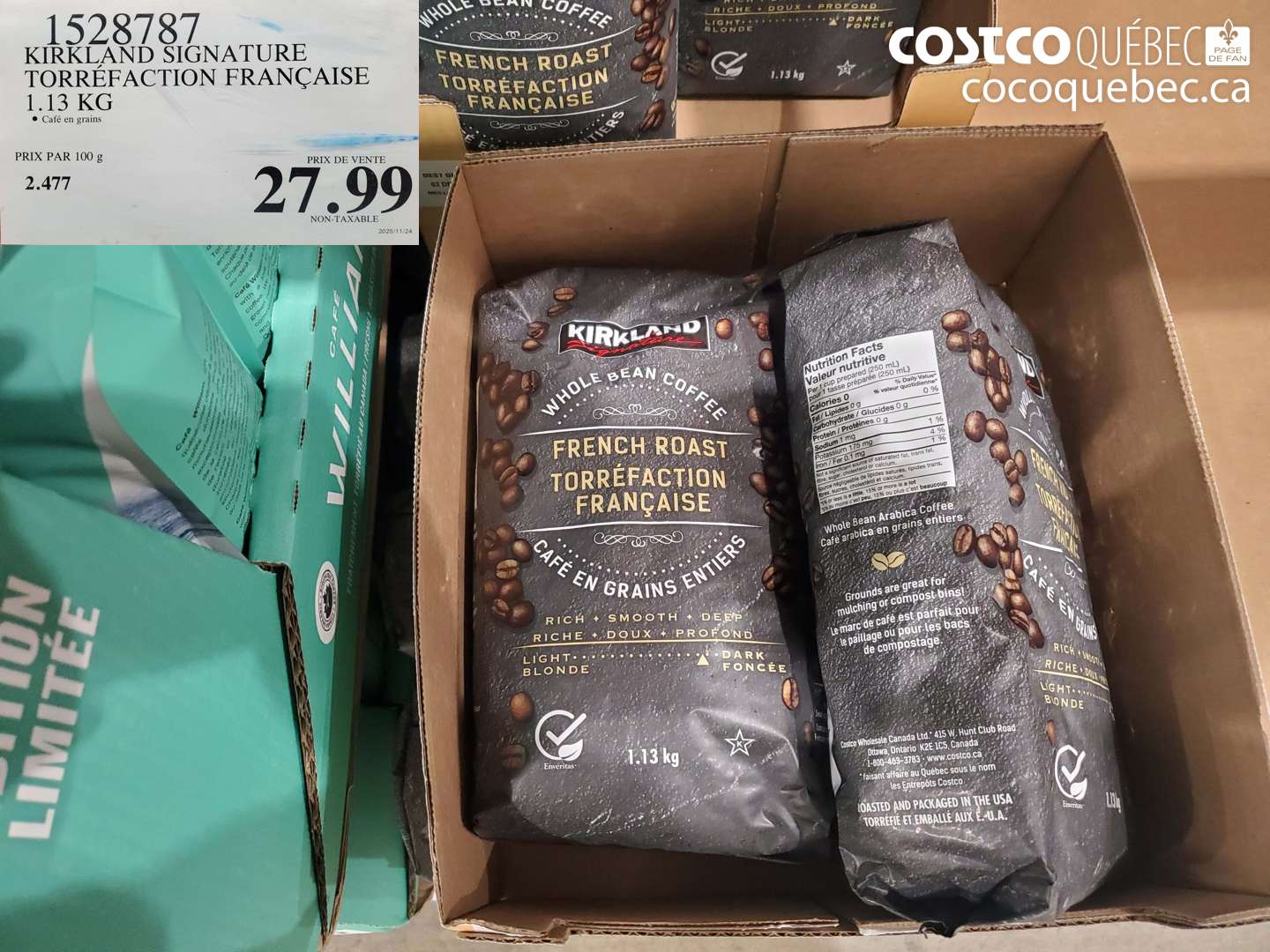 1528787 KIRKLAND SIGNATURE TORRÉFACTION FRANÇAISE 1.13 KG • Café en grains $27.99