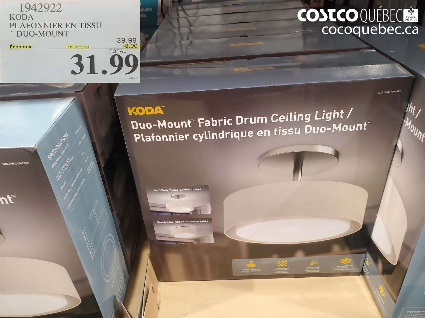 1942922 KODA PLAFONNIER EN TISSU DUO-MOUNT ($8.00 INSTANT SAVINGS EXPIRES ON 2026-02-08) $31.99