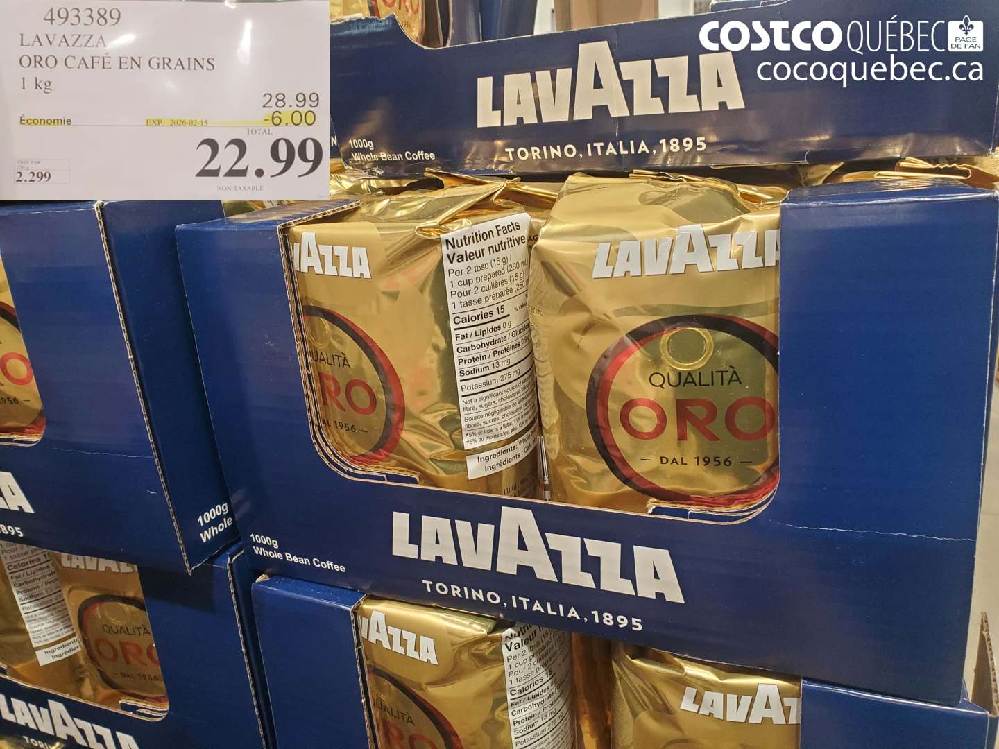 493389 LAVAZZA ORO CAFÉ EN GRAINS 1 kg ($6.00 INSTANT SAVINGS EXPIRES ON 2026-02-15) $22.99