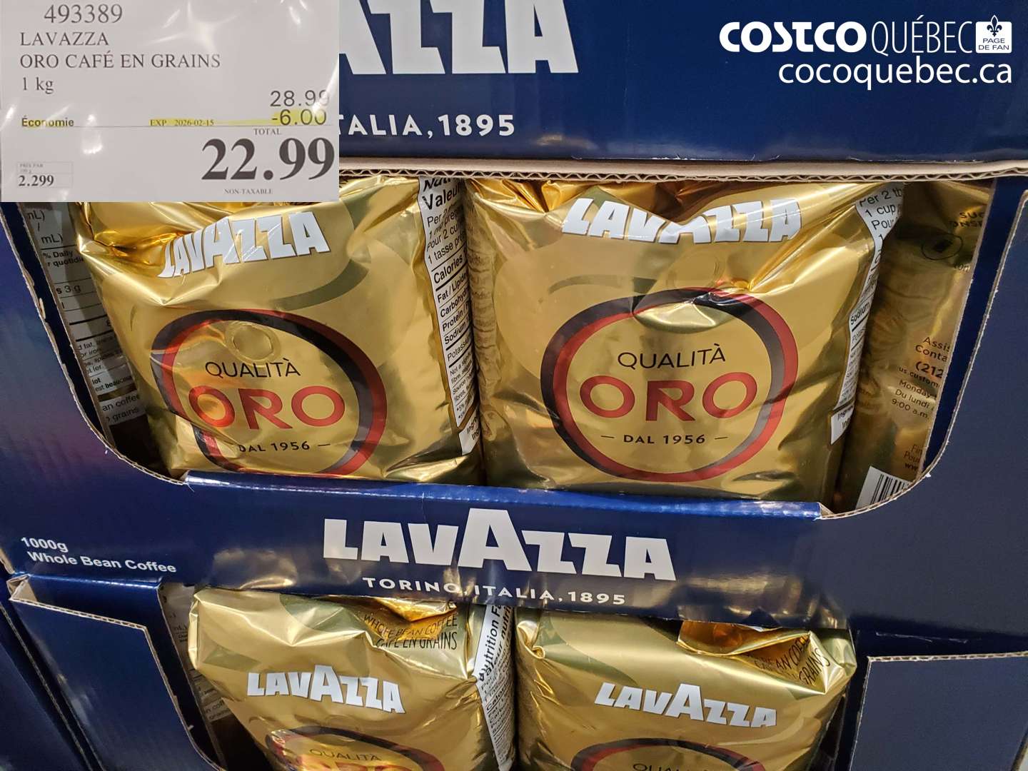 493389 LAVAZZA ORO CAFÉ EN GRAINS 1 kg ($6.00 INSTANT SAVINGS EXPIRES ON 2026-02-15) $22.99