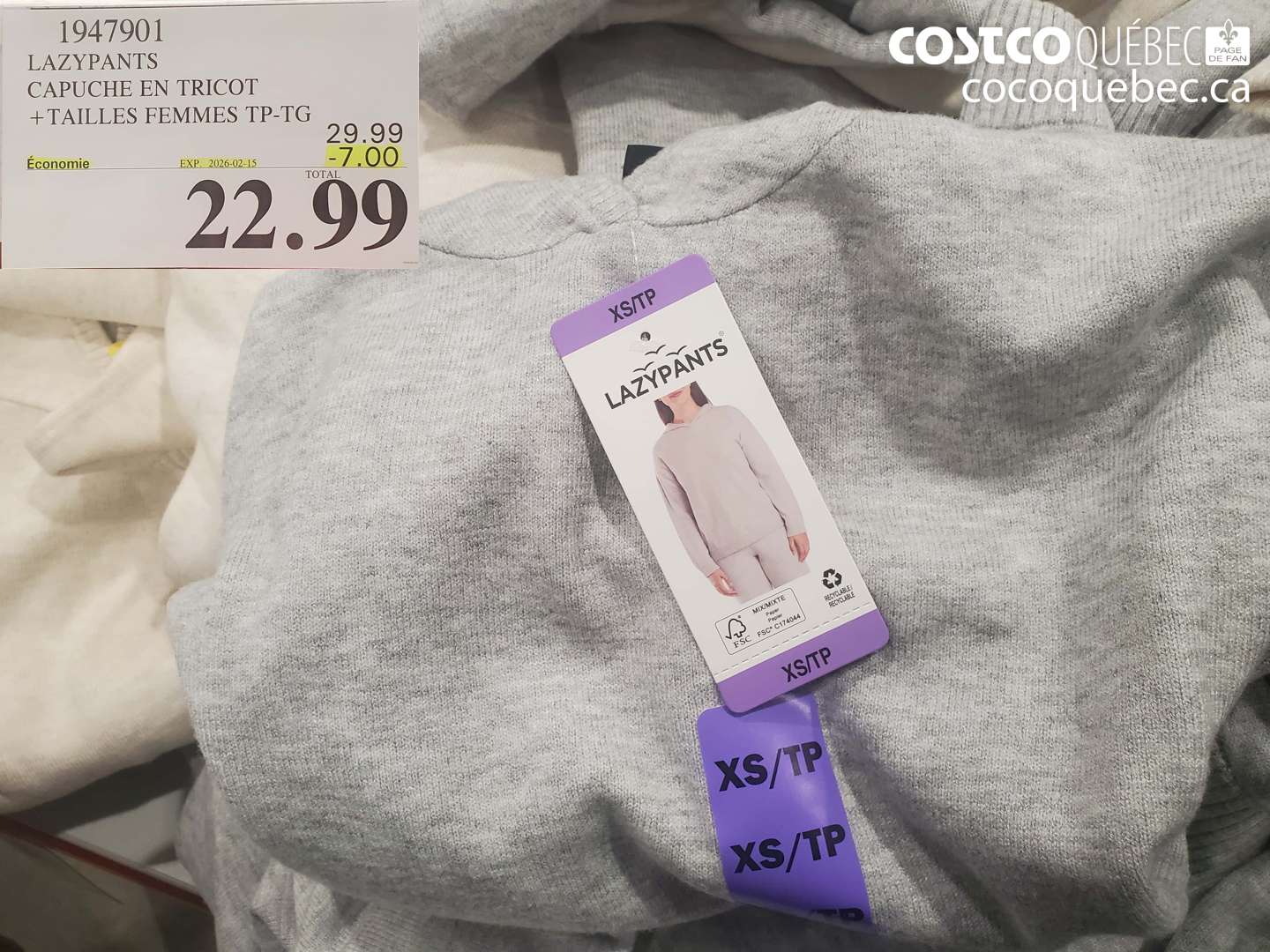 1947901 LAZYPANTS CAPUCHE EN TRICOT + TAILLES FEMMES TP-TG ($7.00 INSTANT SAVINGS EXPIRES ON 2026-02-15) $22.99