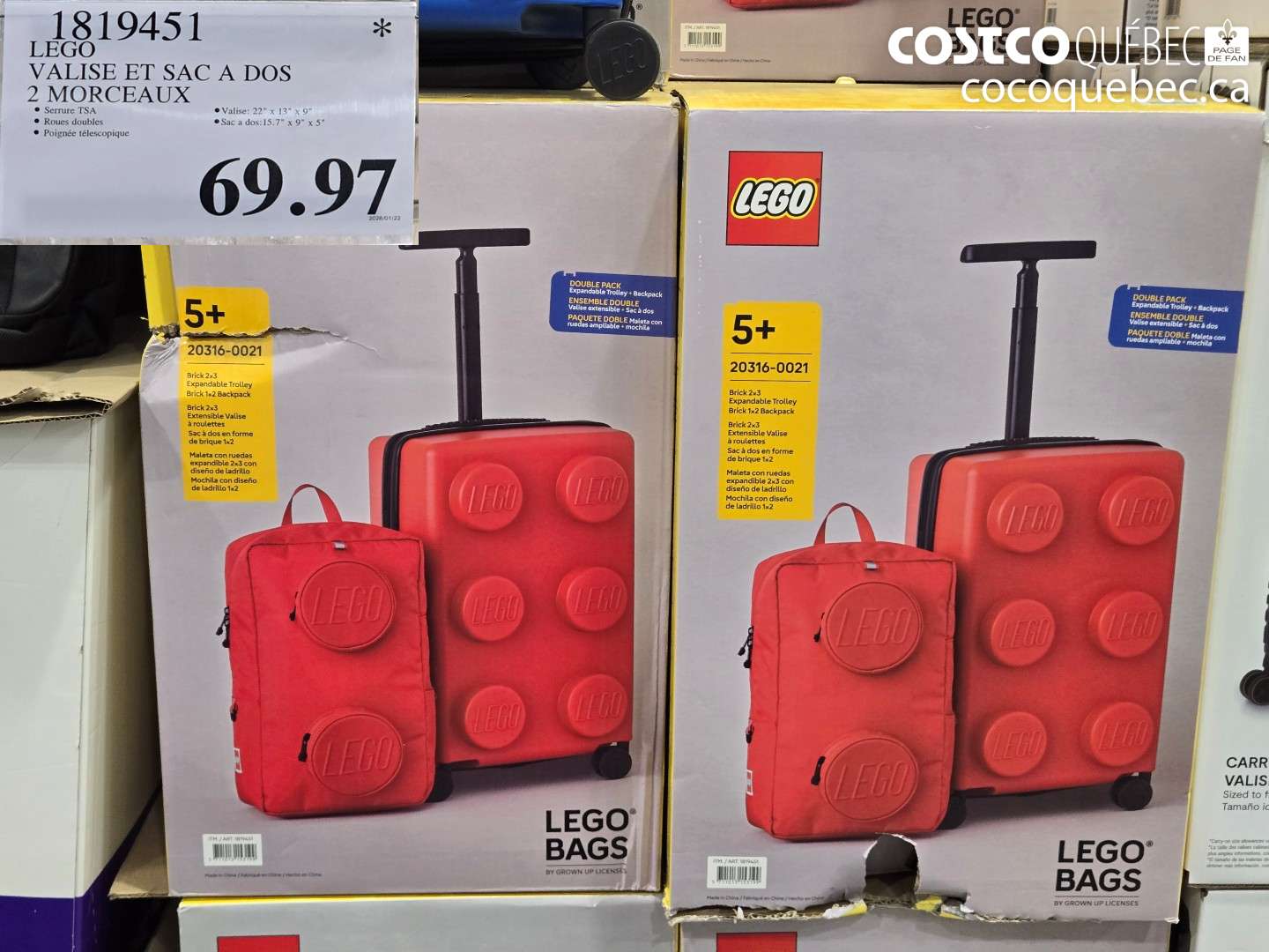 1819451 LEGO VALISE ET SAC A DOS 2 MORCEAUX $69.97
