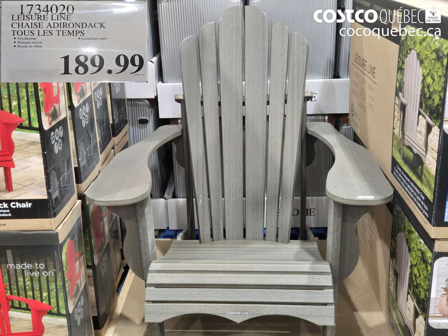 1734020 LEISURE LINE CHAISE ADIRONDACK TOUS LES TEMPS $189.99