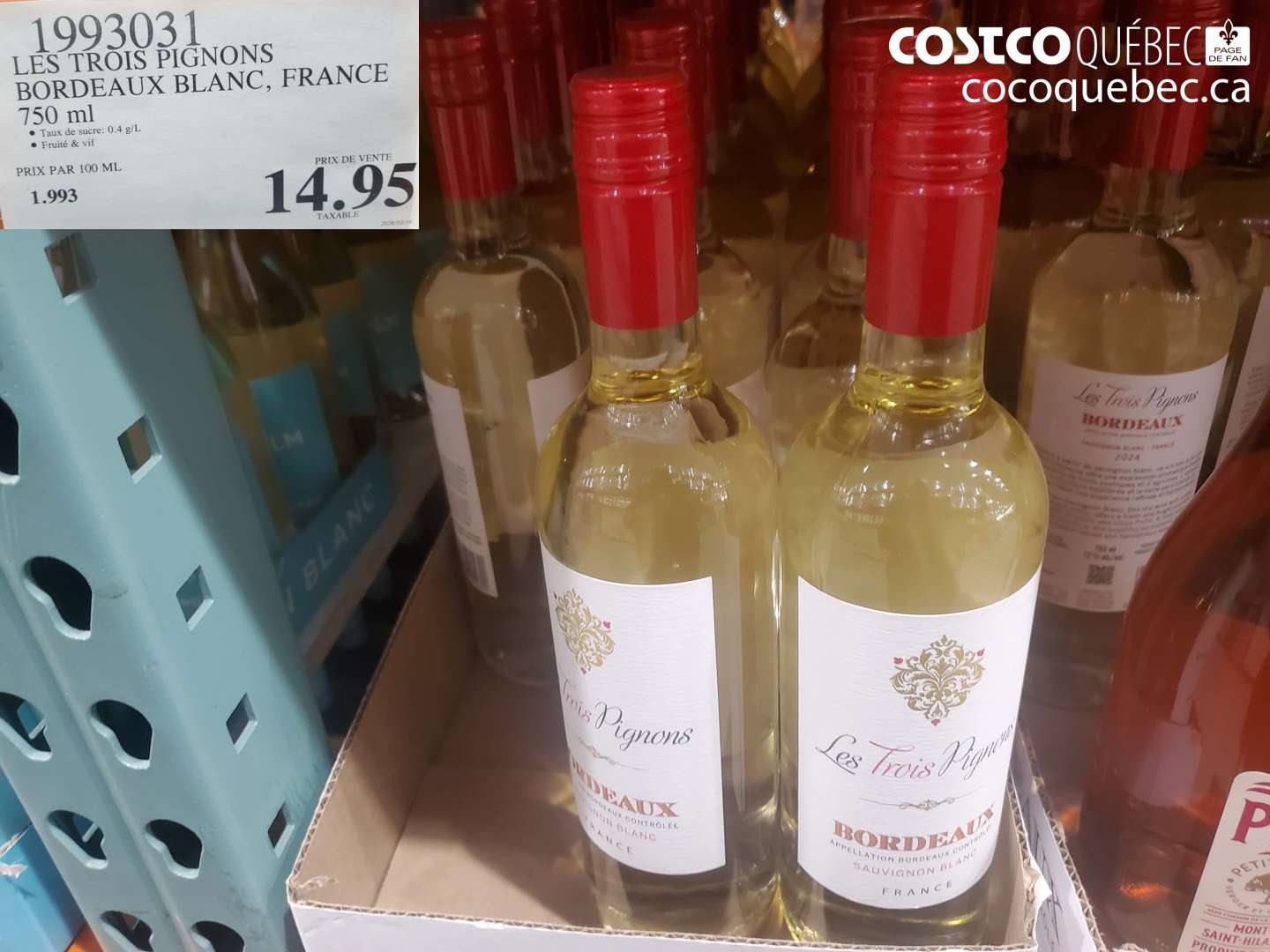 1993031 LES TROIS PIGNONS BORDEAUX BLANC, FRANCE 750 ml $14.95