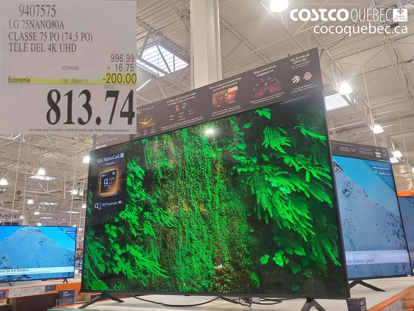 9407575 LG 75NANO80A CLASSE 75 PO (74,5 PO) TELE DEL 4K UHD ($200.00 INSTANT SAVINGS EXPIRES ON 2026-03-15) $813.74