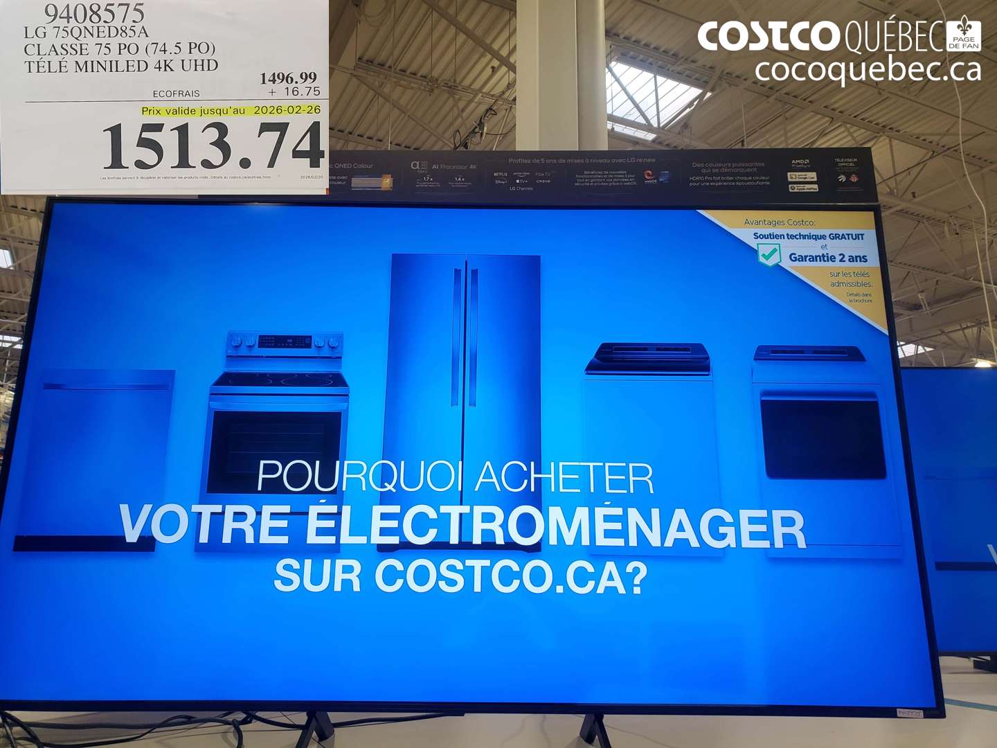 9408575 LG 75QNED85A CLASSE 75 PO (74.5 PO) TÉLÉ MINILED 4K UHD (EXPIRES ON 2026-02-26) $1513.74