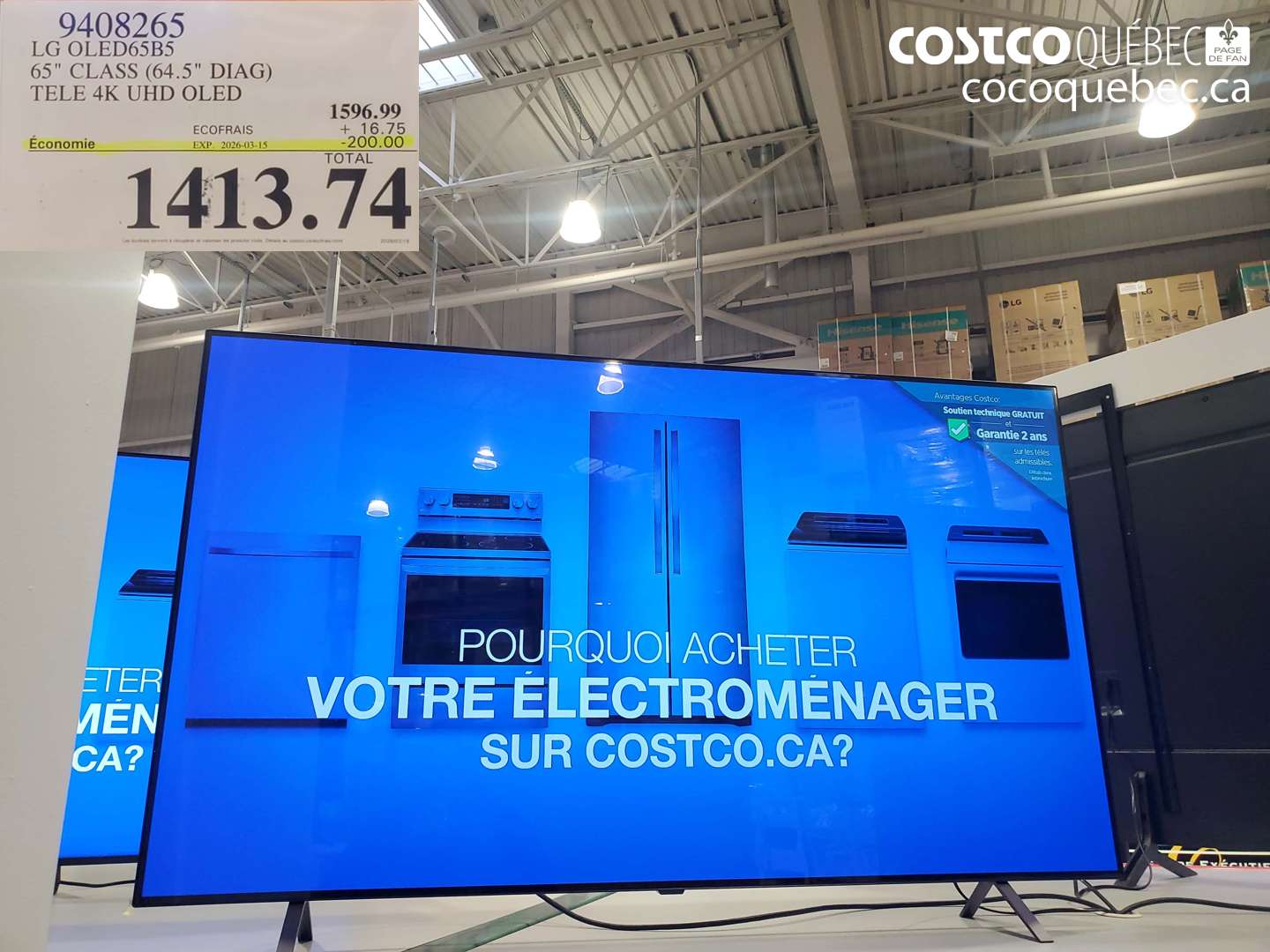 9408265 LG OLED65B5 65in Class (64.5 in diag) Tele 4K UHD OLED ($200.00 INSTANT SAVINGS EXPIRES ON 2026-03-15) $1413.74