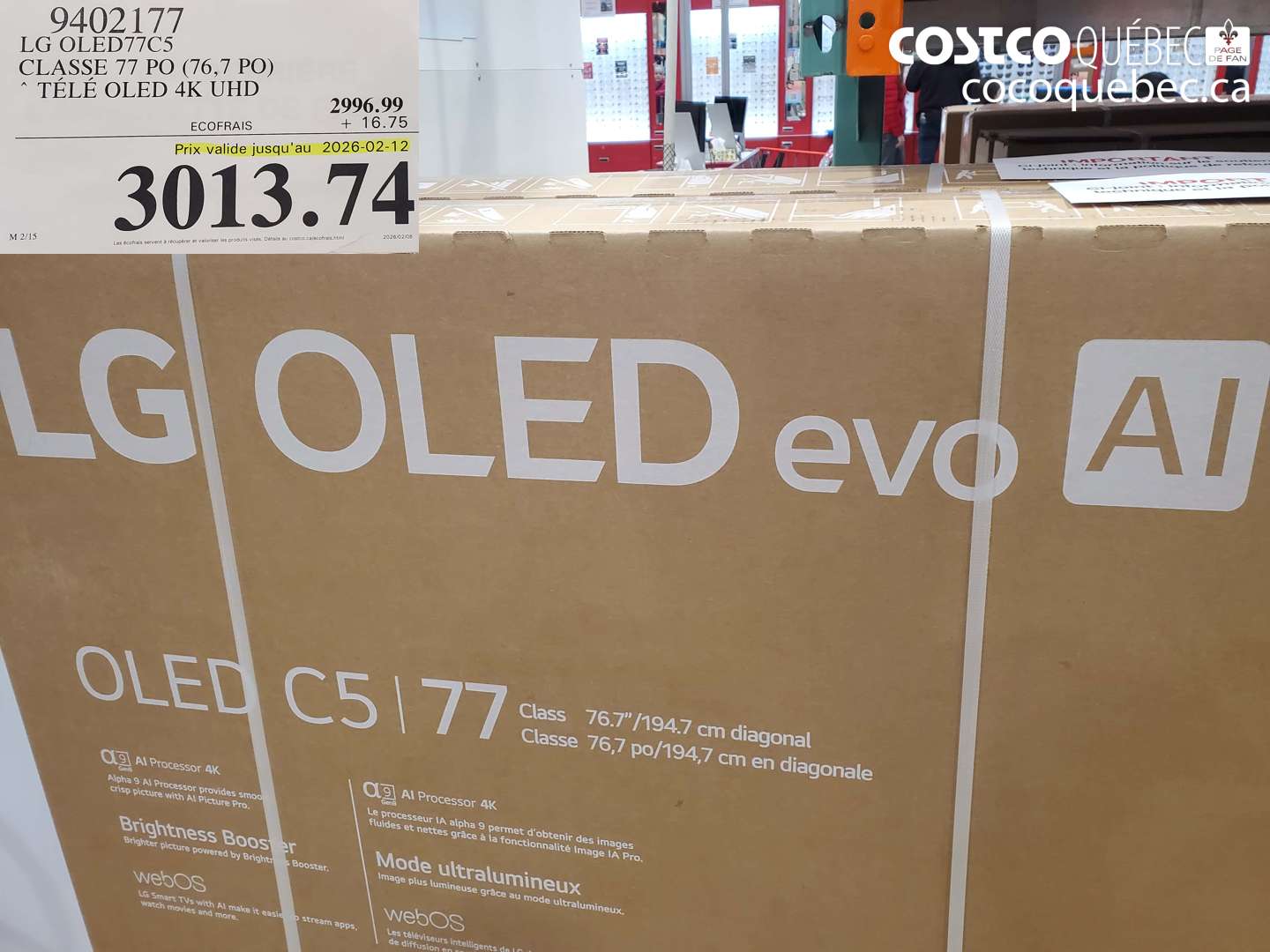 9402177 LG OLED77C5 CLASSE 77 PO (76,7 PO) TÉLÉ OLED 4K UHD (EXPIRES ON 2026-02-12) $3013.74