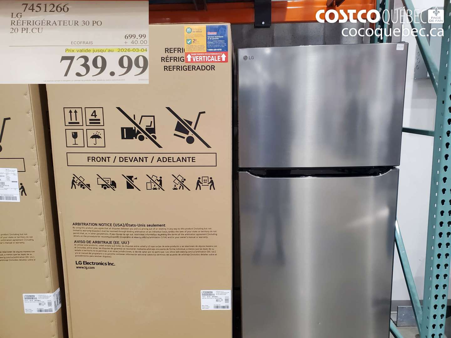 7451266 LG RÉFRIGÉRATEUR 30 PO 20 PI.CU (EXPIRES ON 2026-03-04) $739.99