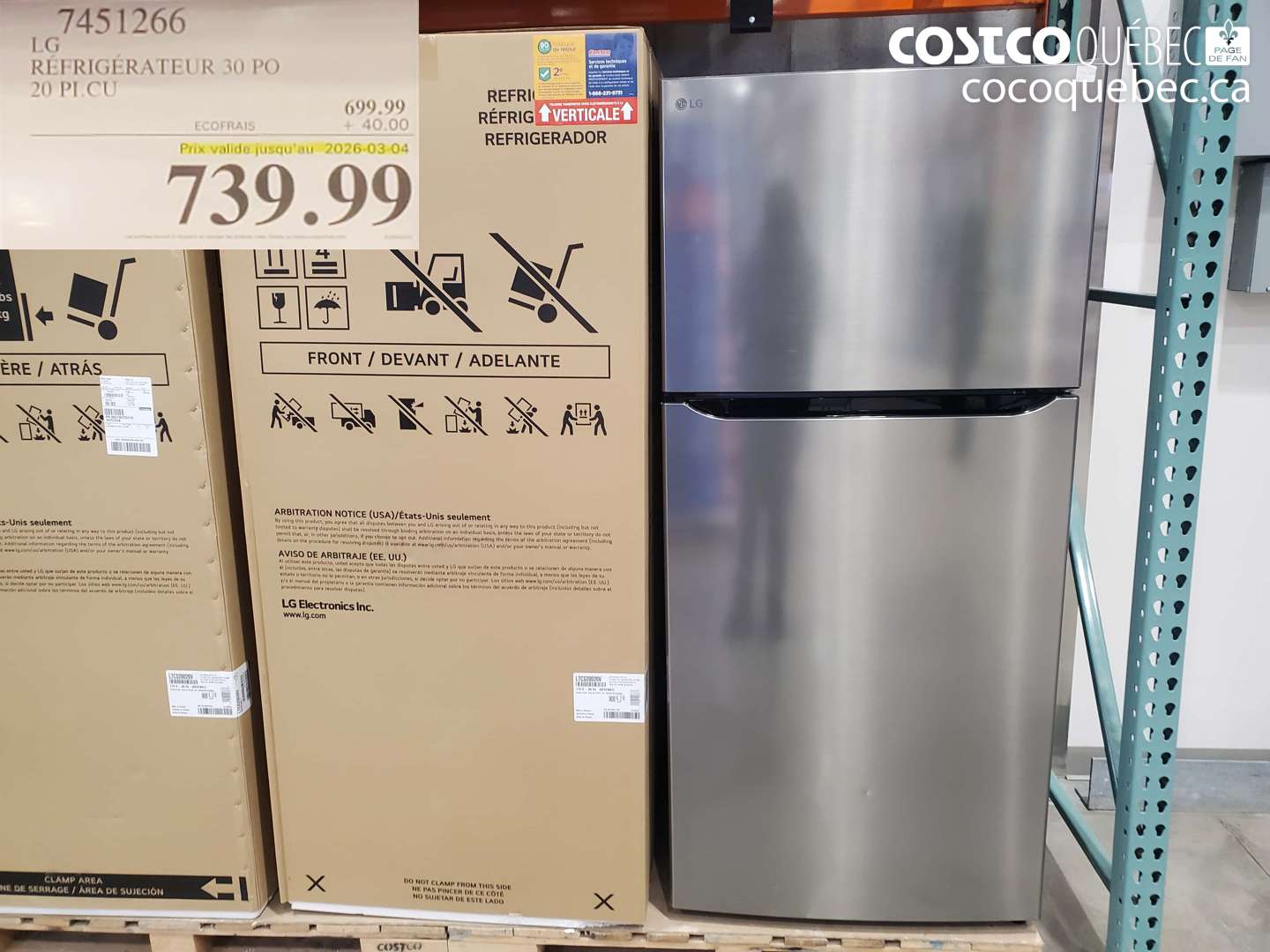 7451266 LG RÉFRIGÉRATEUR 30 PO 20 PI.CU ($40.00 INSTANT SAVINGS EXPIRES ON 2026-03-04) $739.99