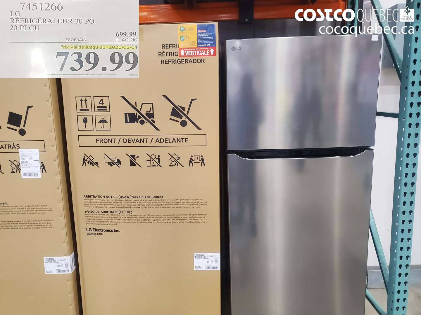 7451266 LG RÉFRIGÉRATEUR 30 PO 20 PI.CU (EXPIRES ON 2026-03-04) $739.99