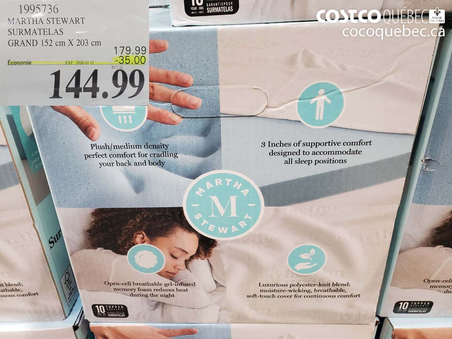 1995736 MARTHA STEWART SURMATELAS GRAND 152 cm X 203 cm ($35.00 INSTANT SAVINGS EXPIRES ON 2026-02-15) $144.99