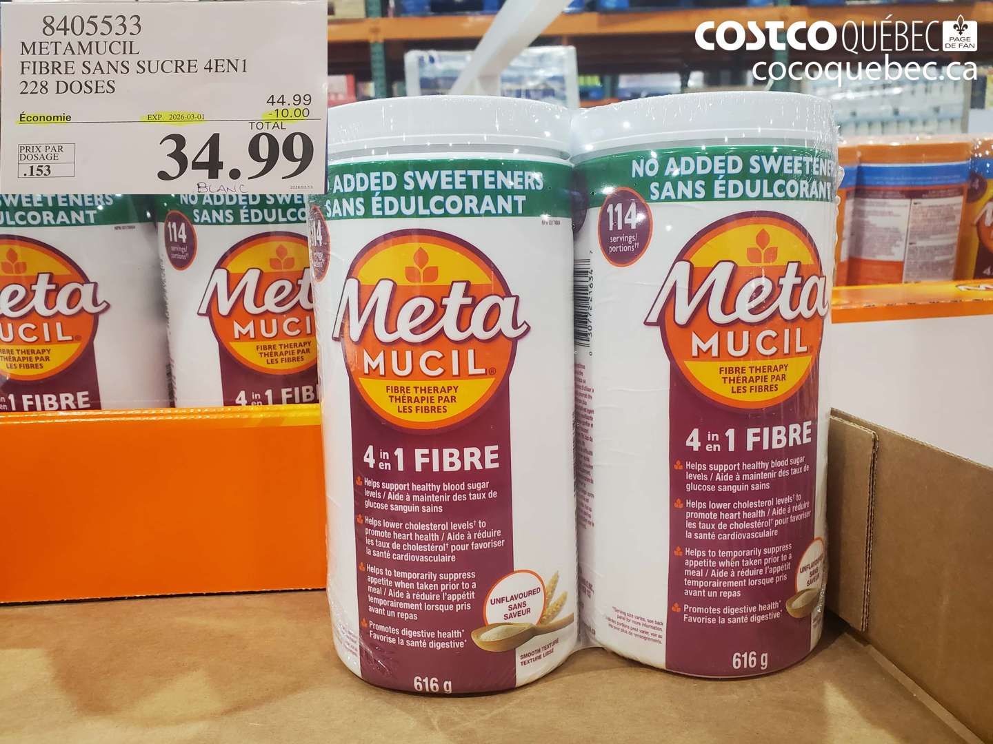 8405533 METAMUCIL FIBRE SANS SUCRE 4EN1 228 DOSES ($10.00 INSTANT SAVINGS EXPIRES ON 2026-03-01) $34.99