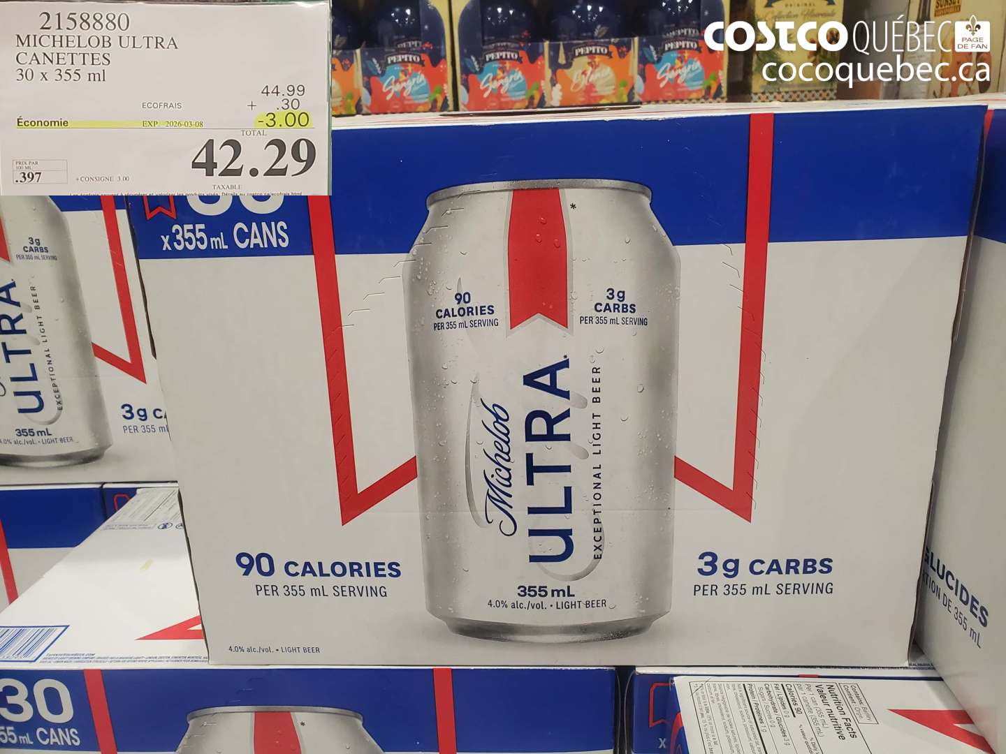 2158880 MICHELOB ULTRA CANETTES 30 X 355 ML ($3.00 INSTANT SAVINGS EXPIRES ON 2026-03-08) $42.29