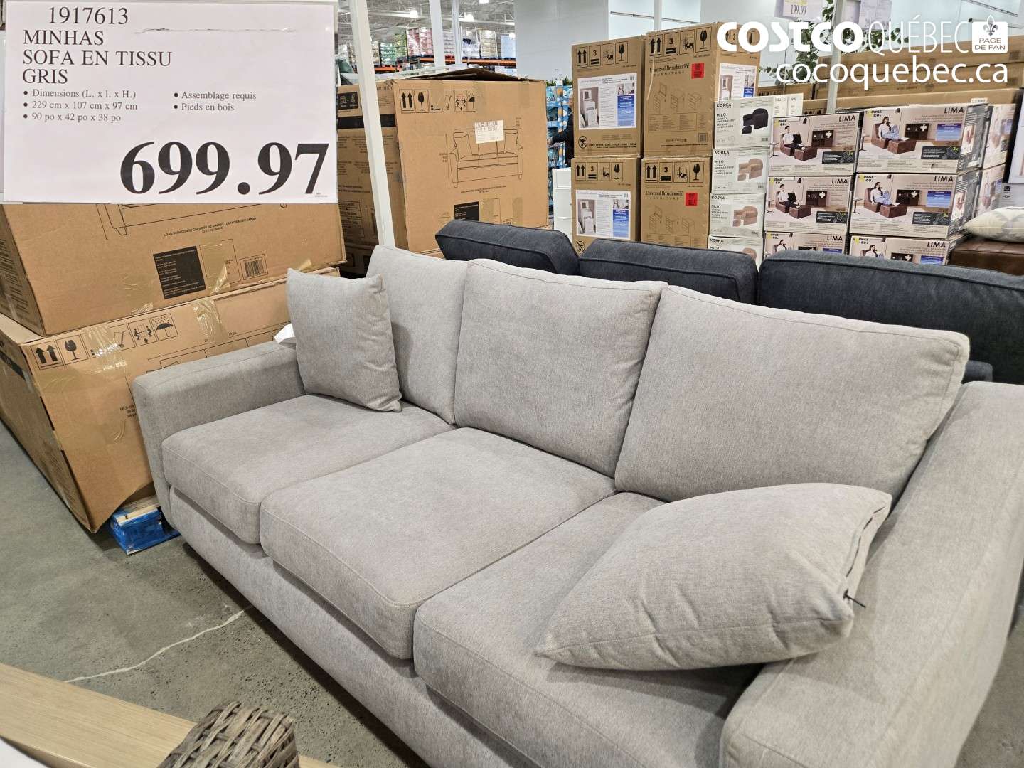 1917613 MINHAS SOFA EN TISSU GRIS $699.97