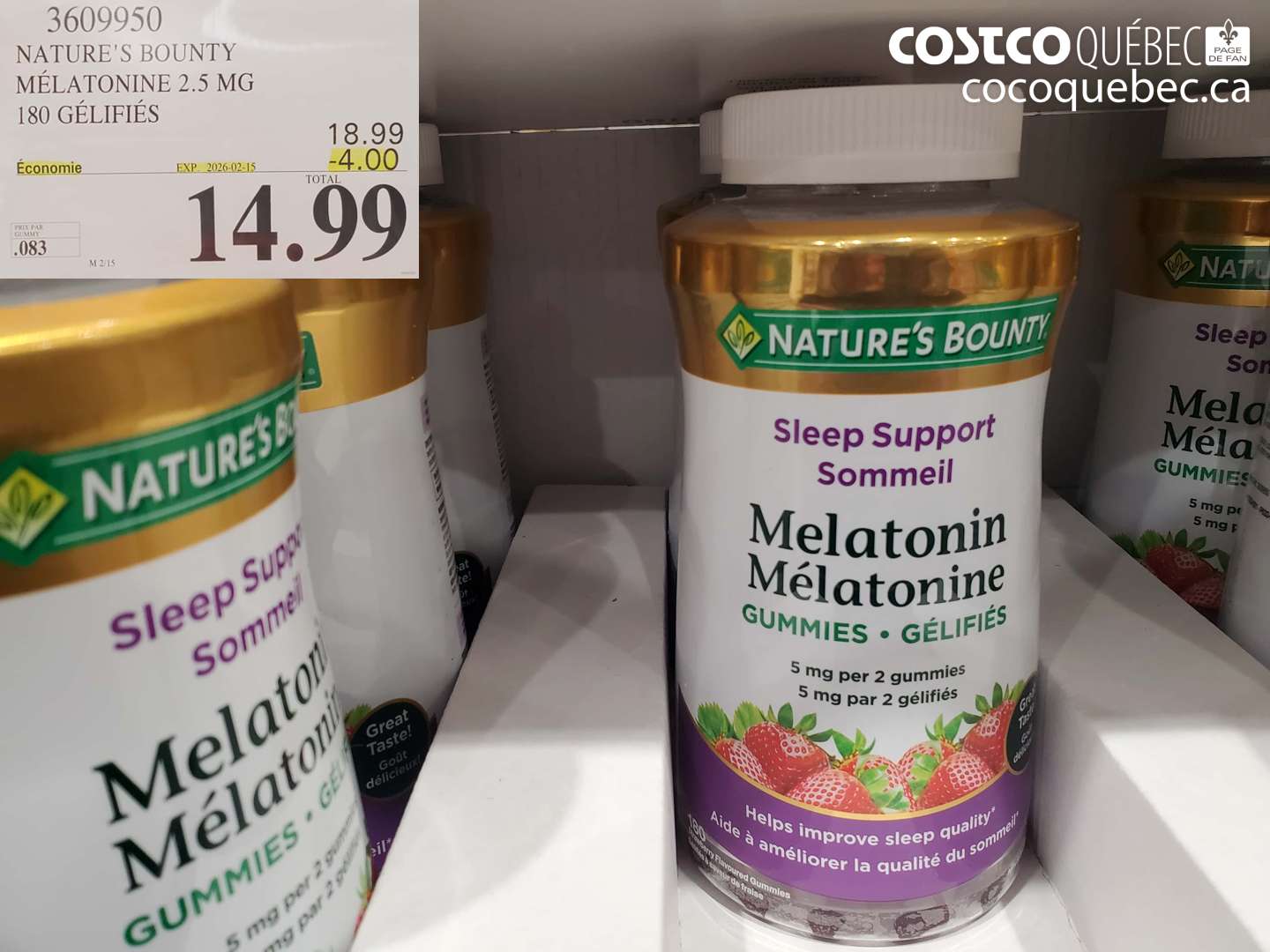3609950 NATURE'S BOUNTY MÉLATONINE 2.5 MG 180 GÉLIFIÉS ($4.00 INSTANT SAVINGS EXPIRES ON 2026-02-15) $14.99