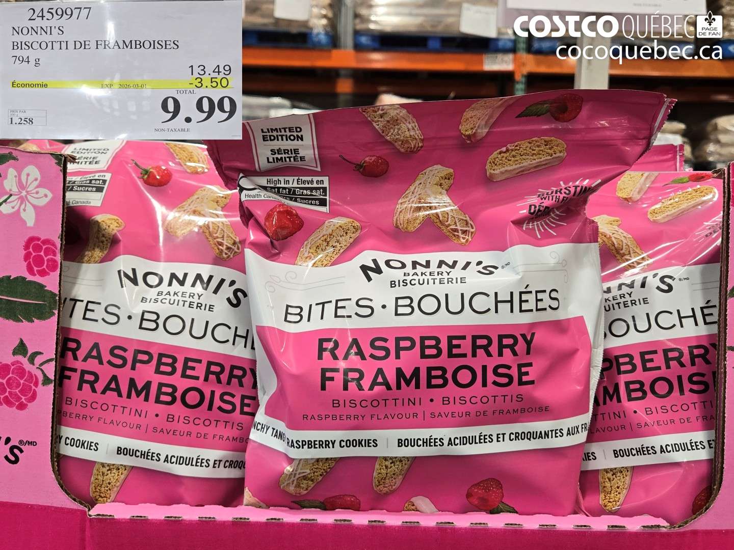 2459977 NONNI'S BISCOTTI DE FRAMBOISES 794 G ($3.50 INSTANT SAVINGS EXPIRES ON 2026-03-01) $9.99