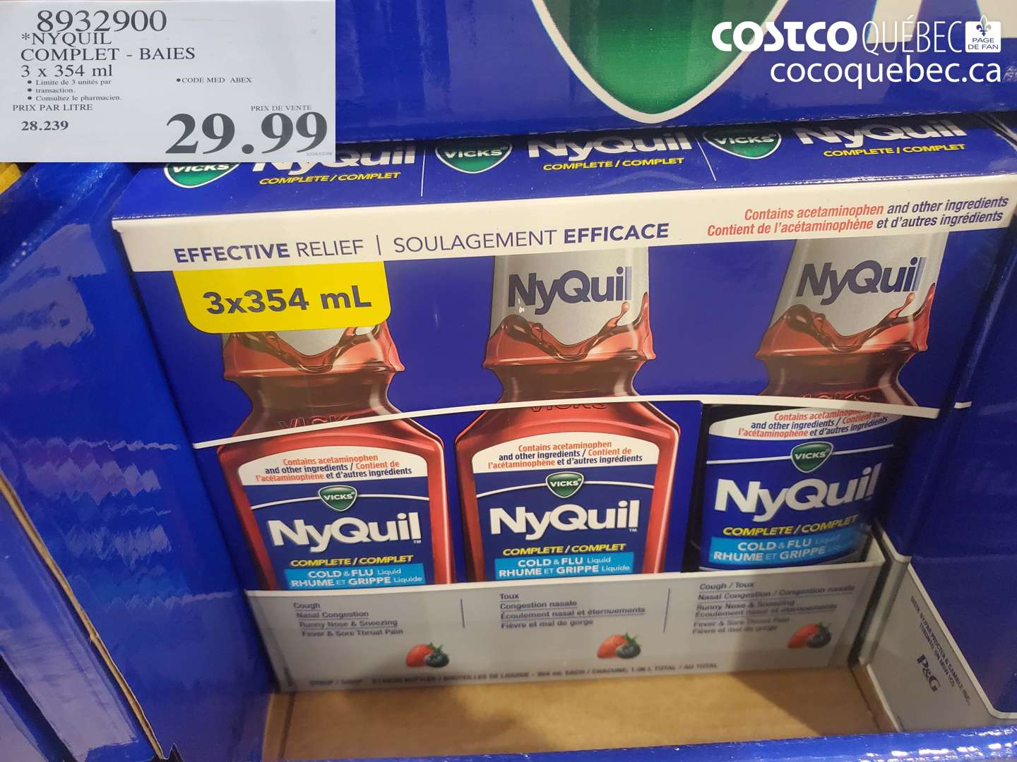 8932900 NYQUIL COMPLET - BAIES 3 X 354 ML $29.99