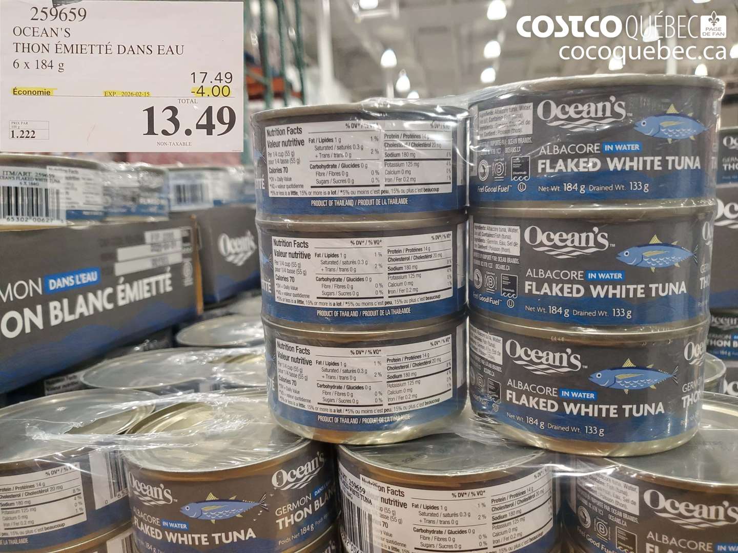 259659 OCEAN'S THON ÉMIETÉ DANS EAU 6 x 184 g ($4.00 INSTANT SAVINGS EXPIRES ON 2026-02-15) $13.49