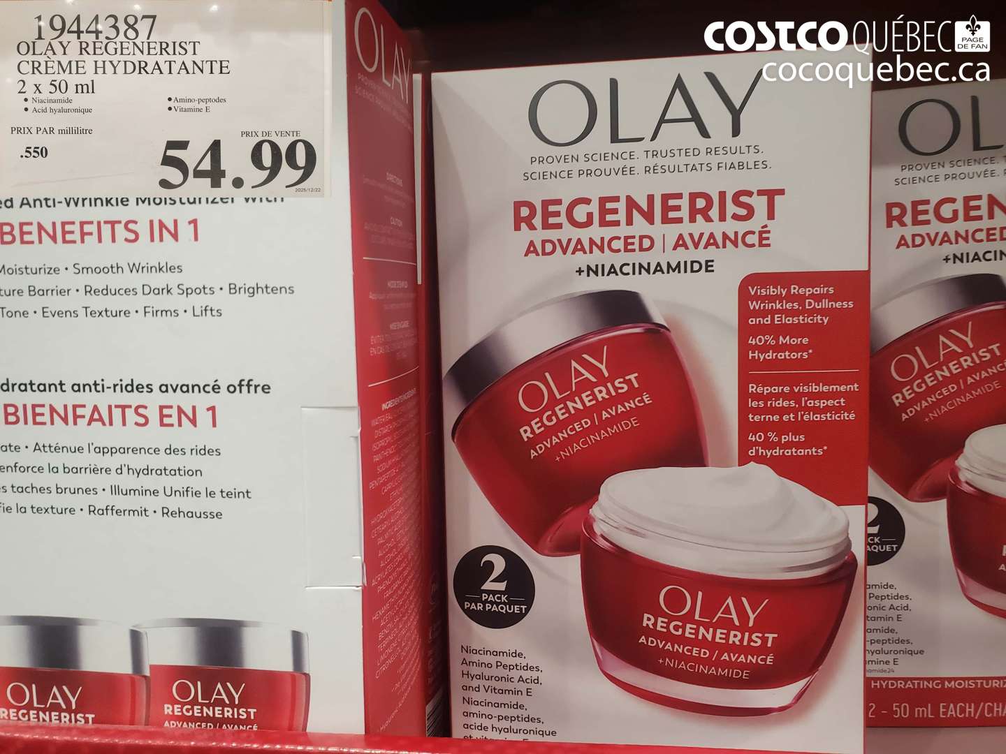 1944387 OLAY REGENERIST CRÈME HYDRATANTE 2 X 50 ML $54.99
