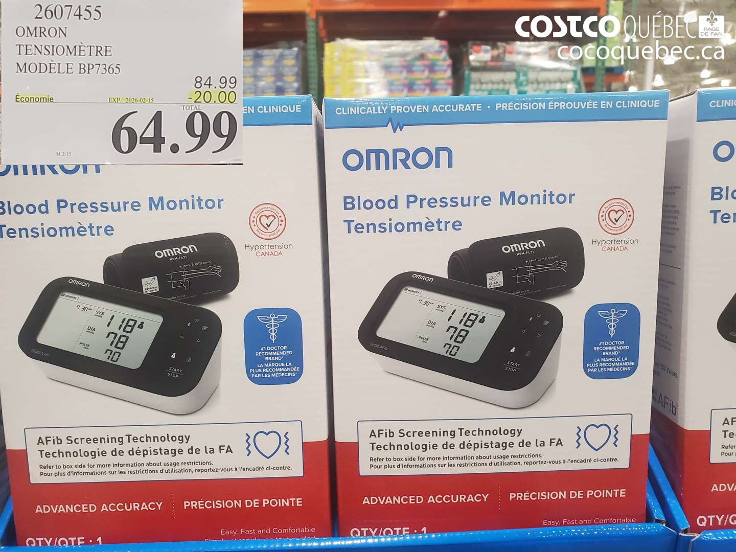 2607455 OMRON TENSIOMÈTRE MODELE BP7365 ($20.00 INSTANT SAVINGS EXPIRES ON 2026-02-15) $64.99