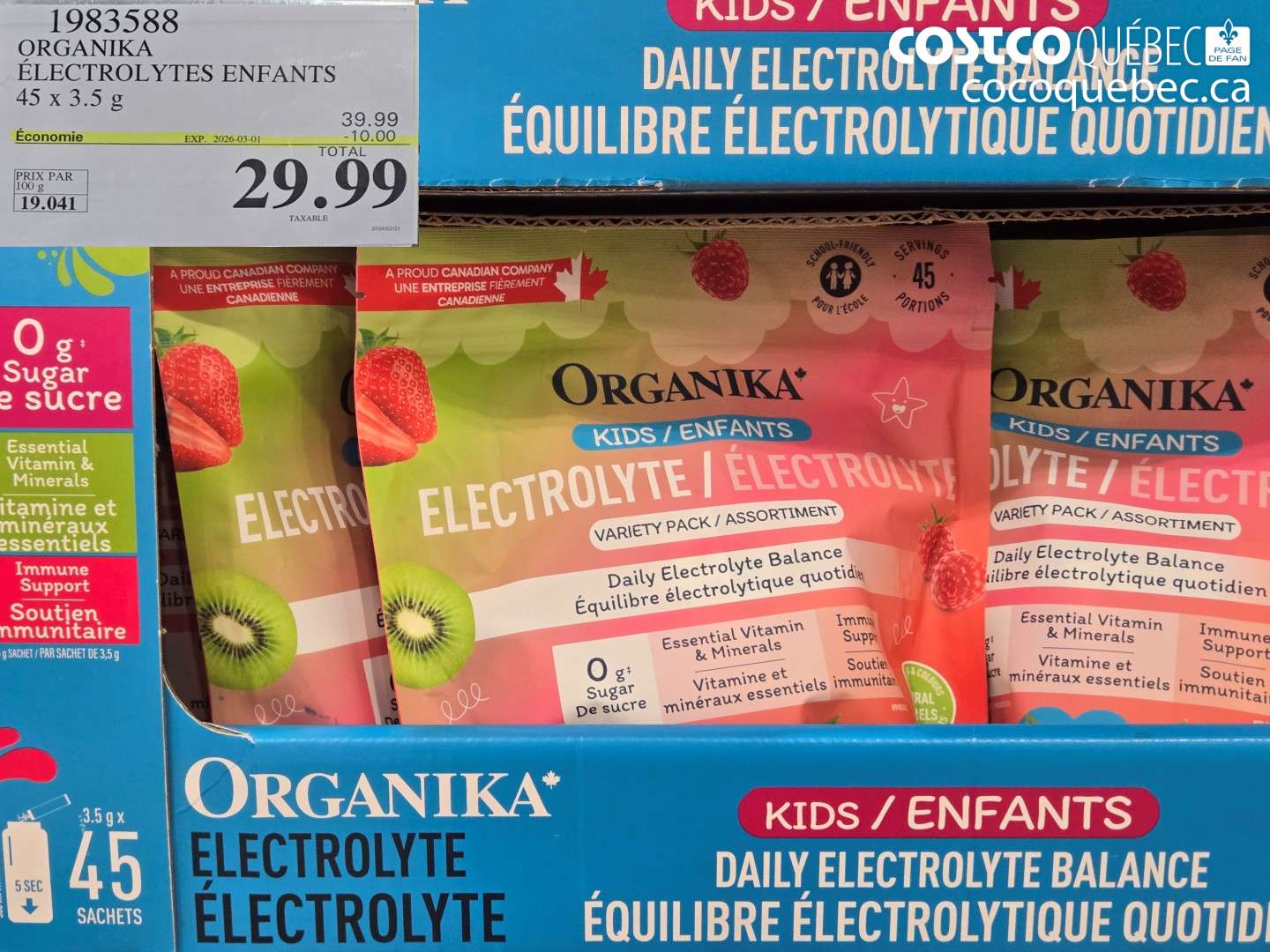 1983588 ORGANIKA ÉLECTROLYTES ENFANTS 45 X 3.5 G ($10.00 INSTANT SAVINGS EXPIRES ON 2026-03-01) $29.99