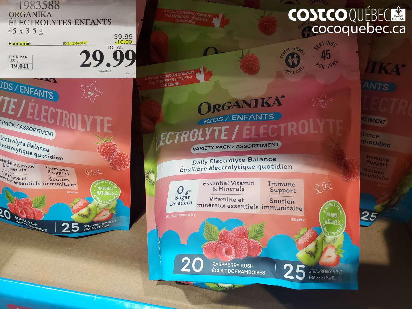 1983588 ORGANIKA ÉLECTROLYTES ENFANTS 45 x 3.5 g ($10.00 INSTANT SAVINGS EXPIRES ON 2026-03-01) $29.99