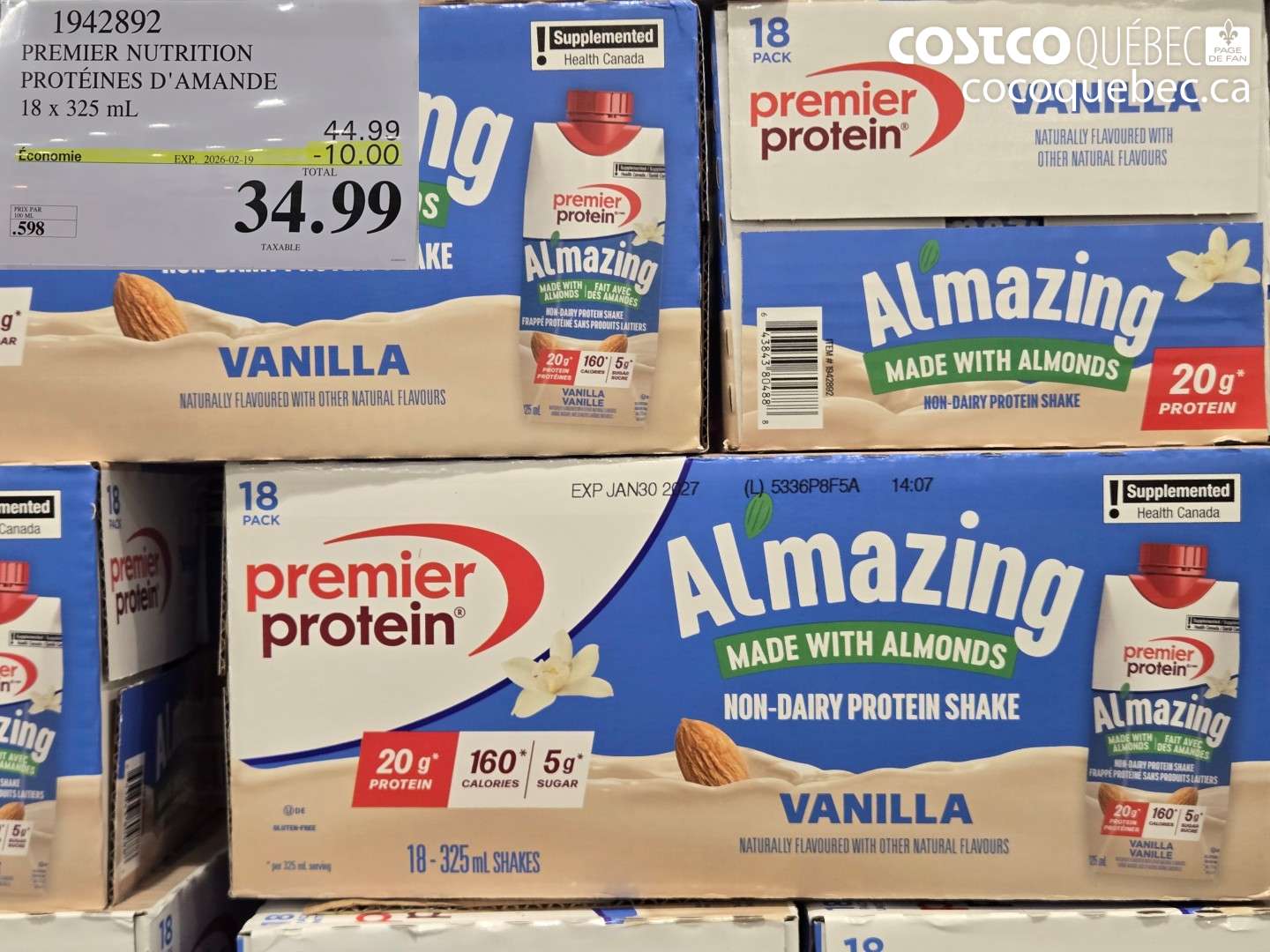 1942892 PREMIER NUTRITION PROTÉINES D'AMANDE 18 x 325 ml ($10.00 INSTANT SAVINGS EXPIRES ON 2026-02-19) $34.99