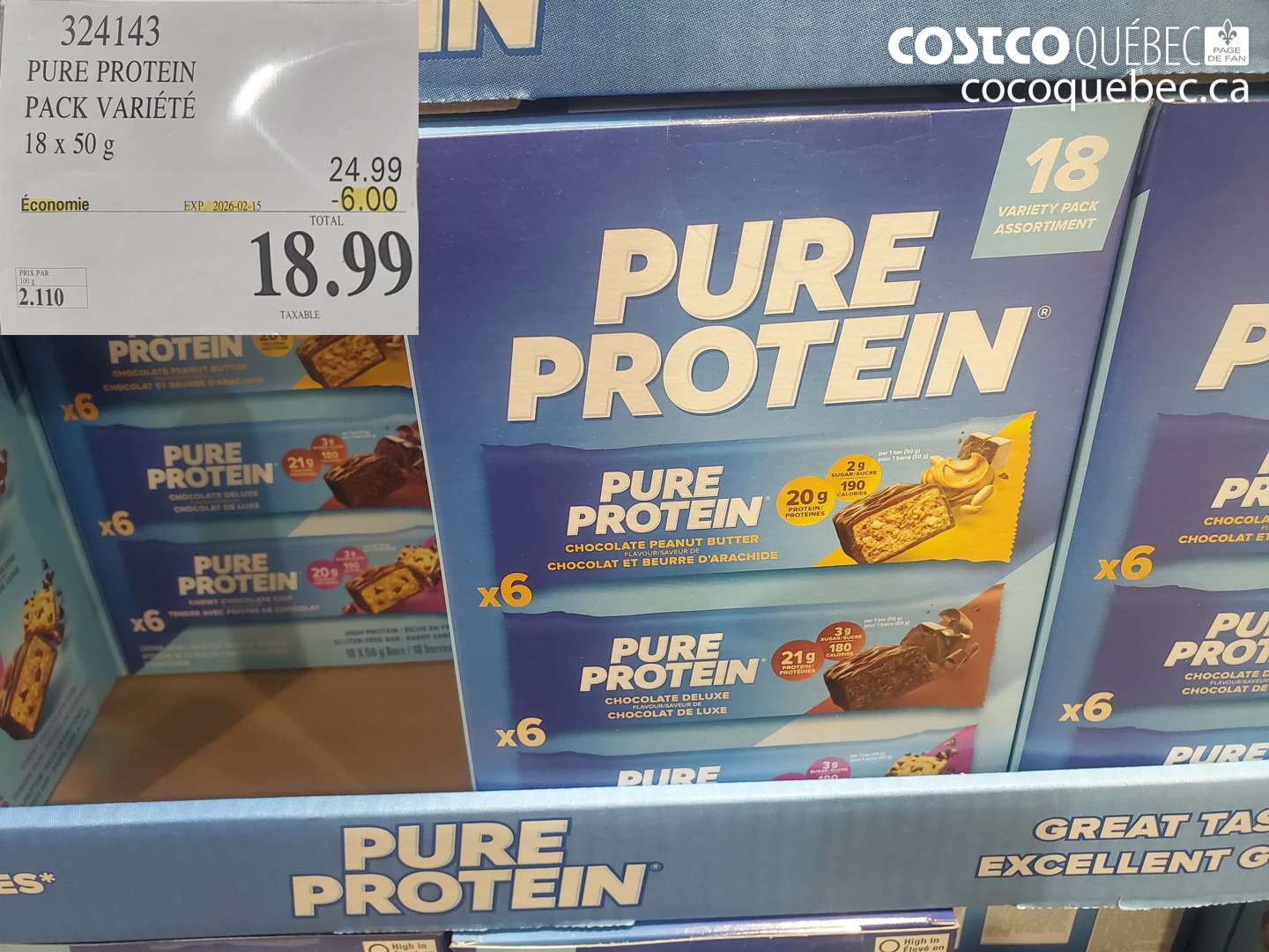324143 PURE PROTEIN PACK VARIÉTÉ 18 x 50 g ($6.00 INSTANT SAVINGS EXPIRES ON 2026-02-15) $18.99