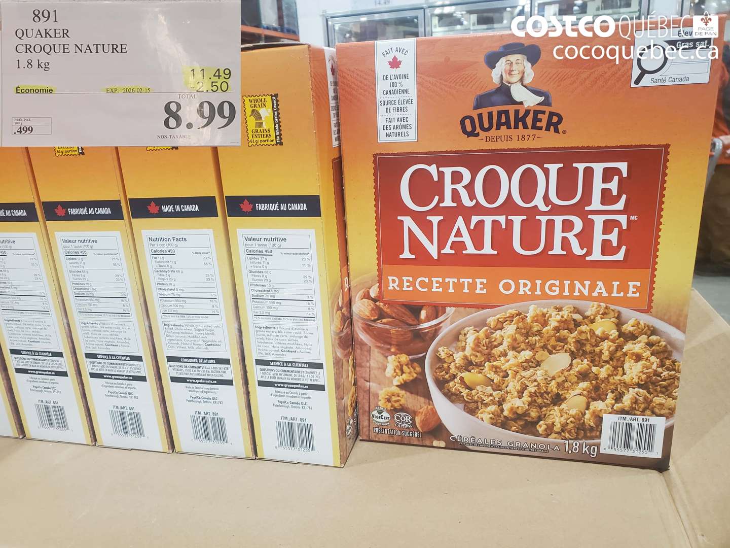 891 QUAKER CROQUE NATURE 1.8 kg ($2.50 INSTANT SAVINGS EXPIRES ON 2026-02-15) $8.99